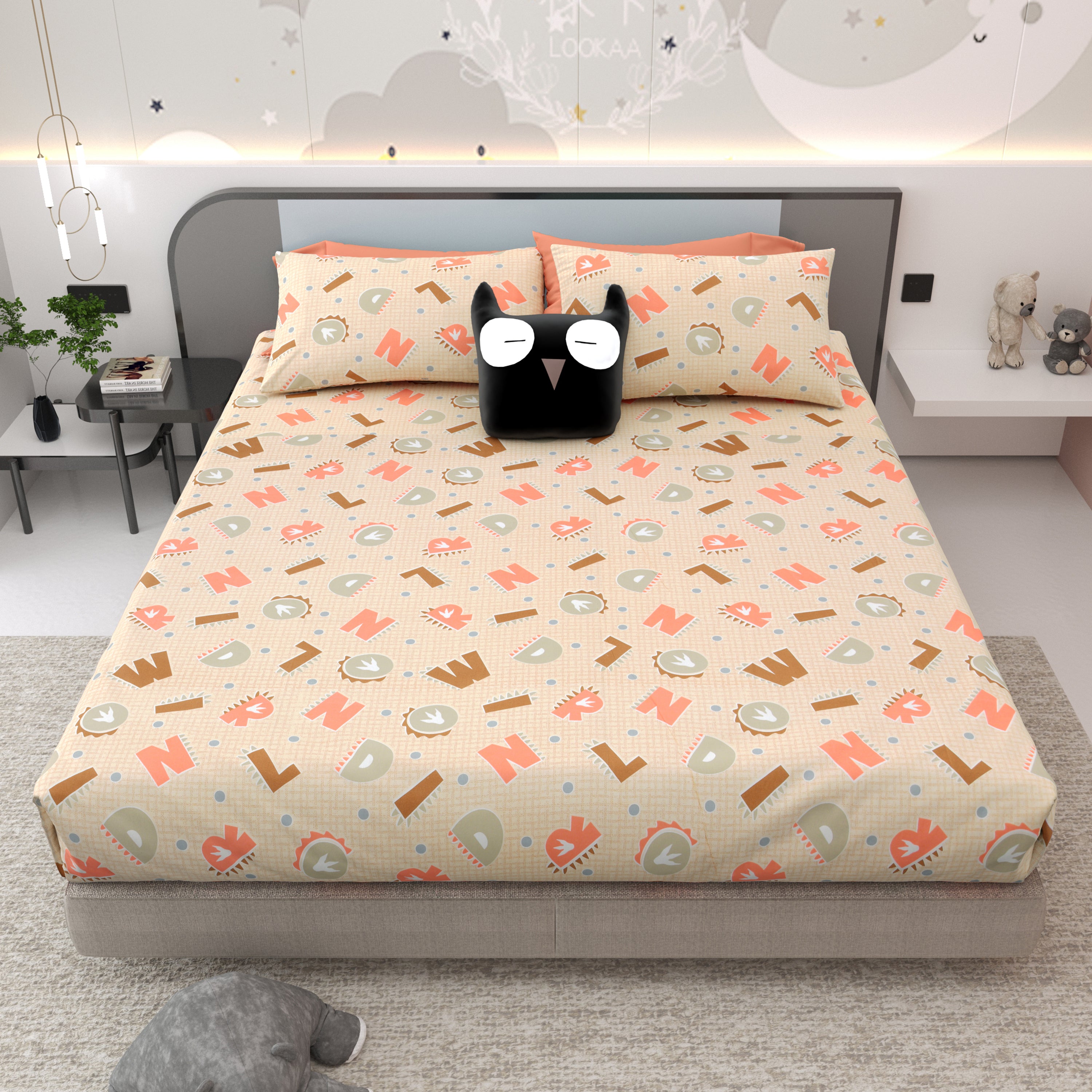 Alphabetical Adventure Pure Cotton Bedsheet- Peachy Cream