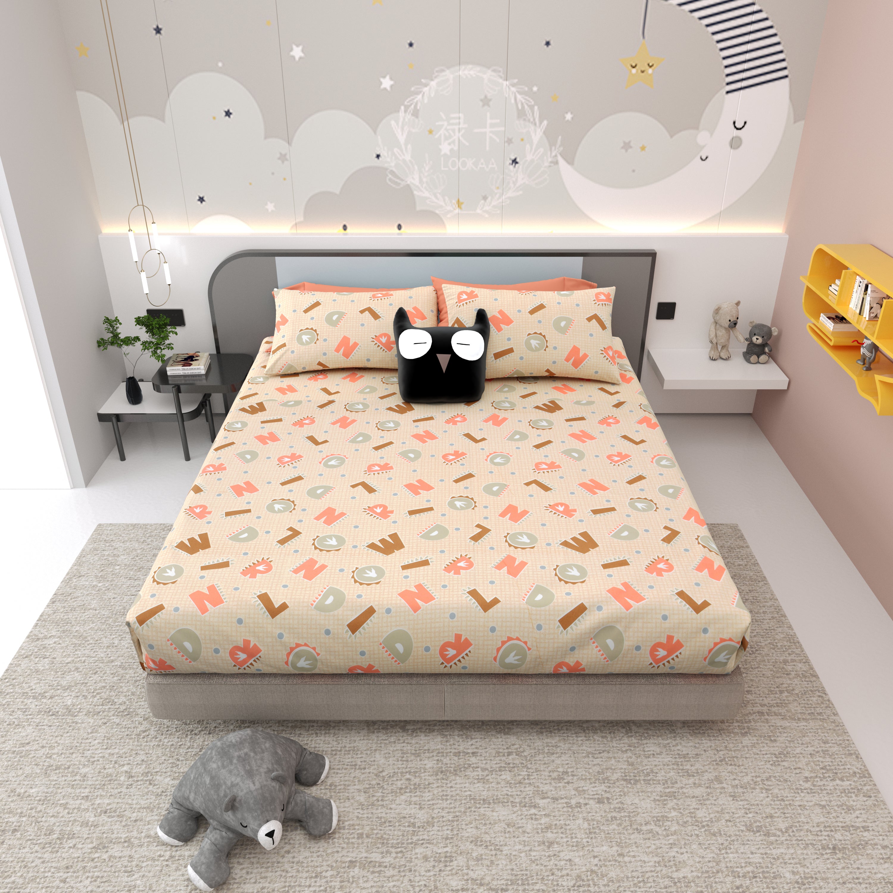 Alphabetical Adventure Pure Cotton Bedsheet- Peachy Cream
