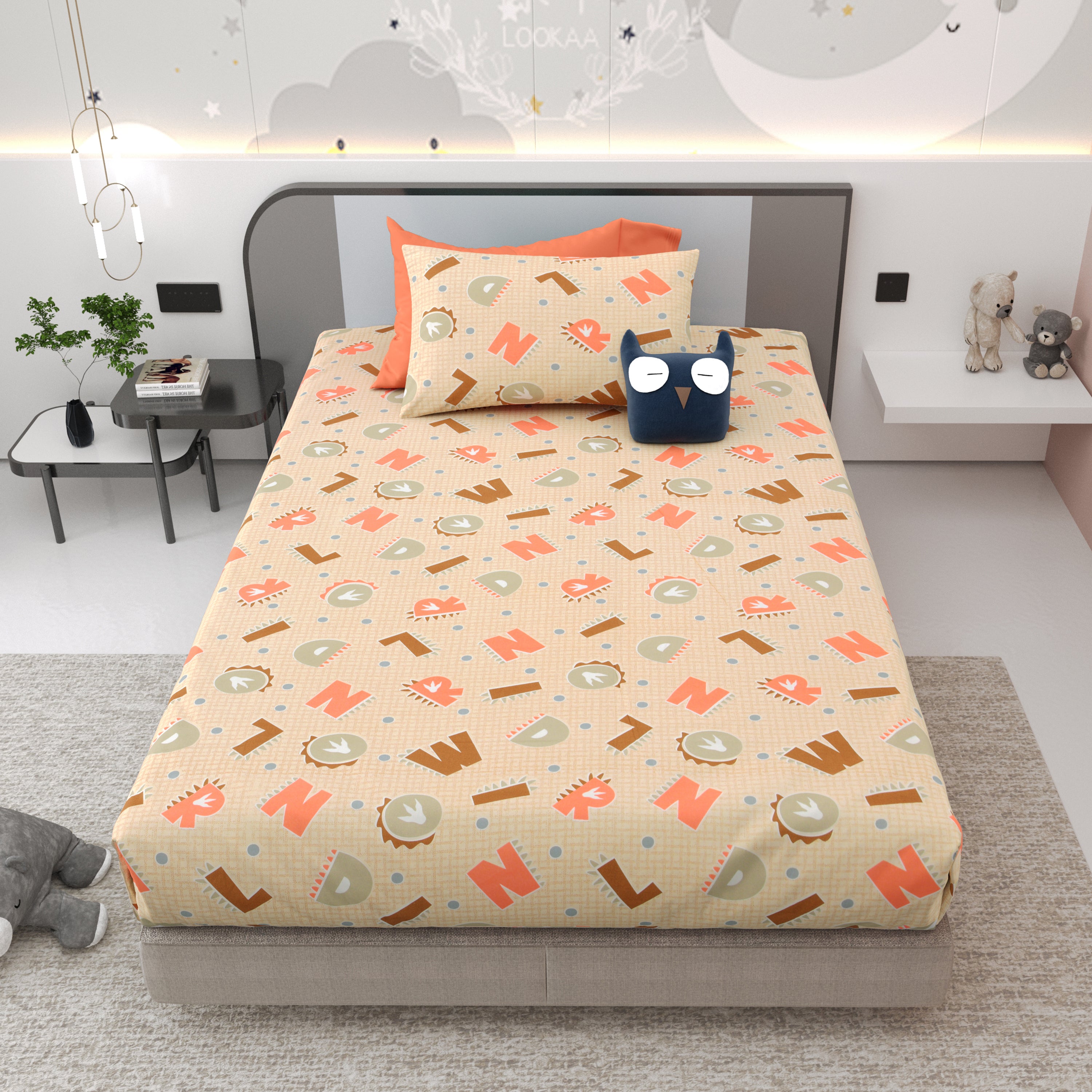 Alphabetical Adventure Pure Cotton Single Bedsheet Set of 2 - Peachy Cream