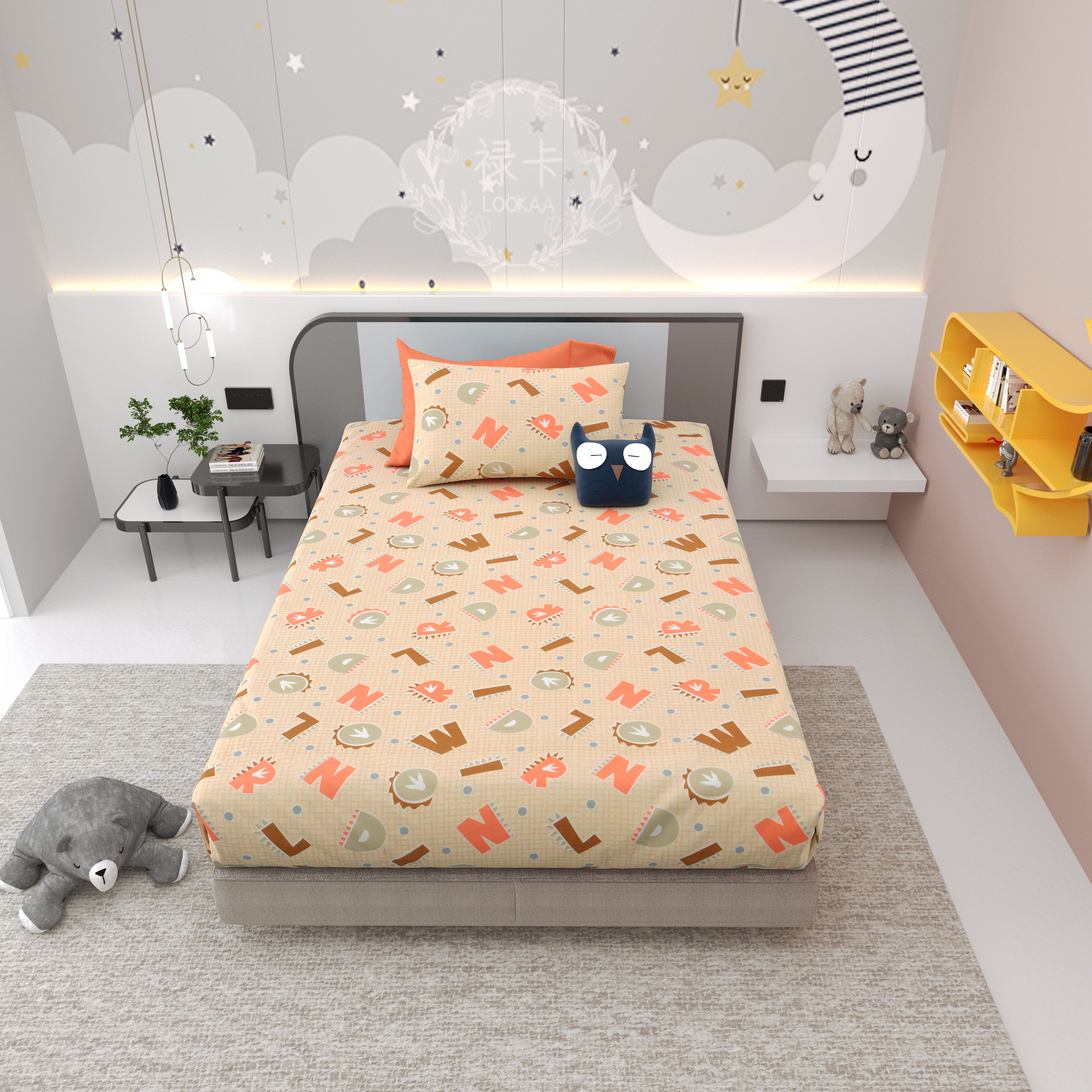 Alphabetical Adventure Pure Cotton Single Bedsheet Set of 2 - Peachy Cream