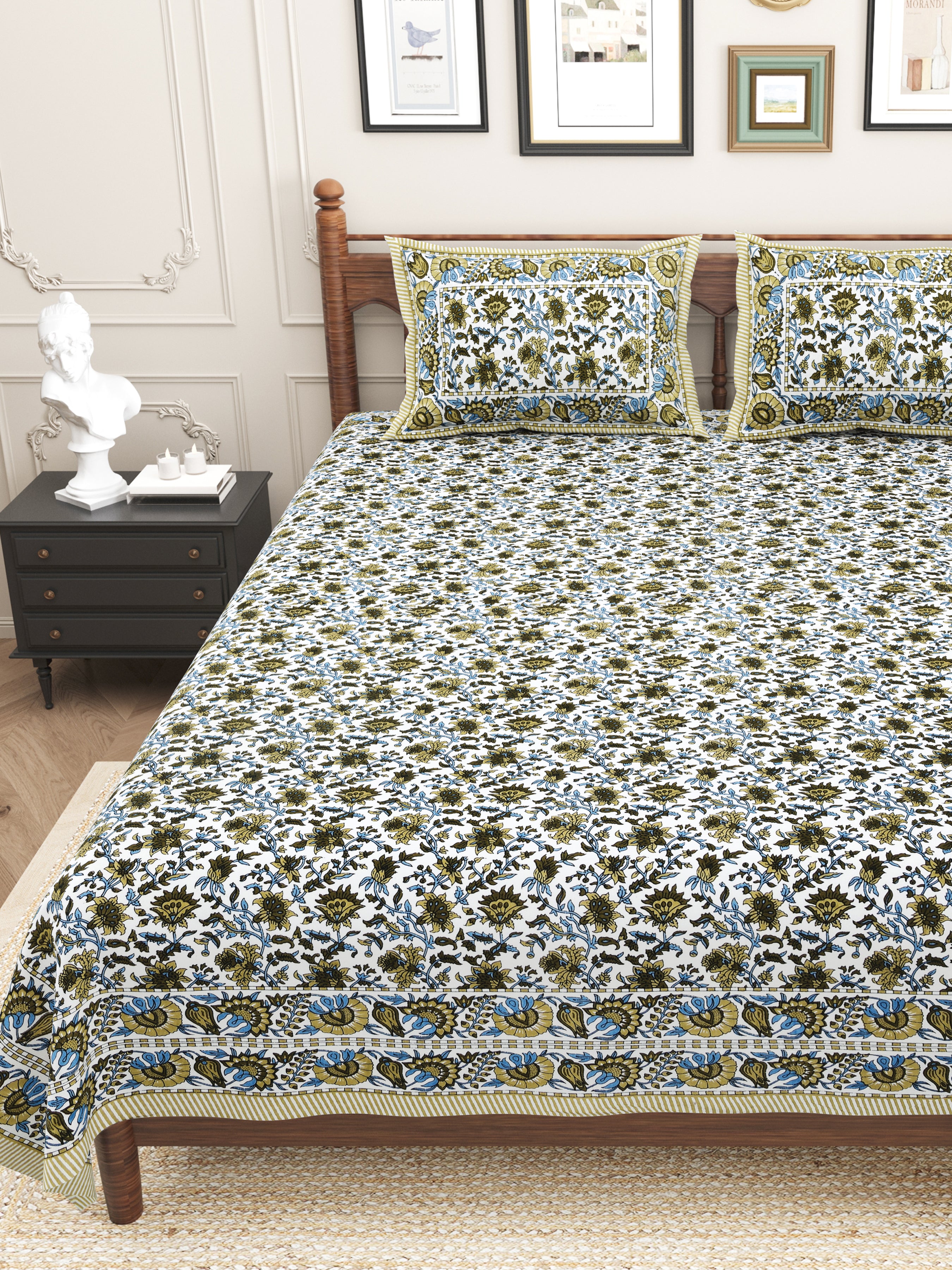 Floral Printed Pure Cotton Bedsheet - Green