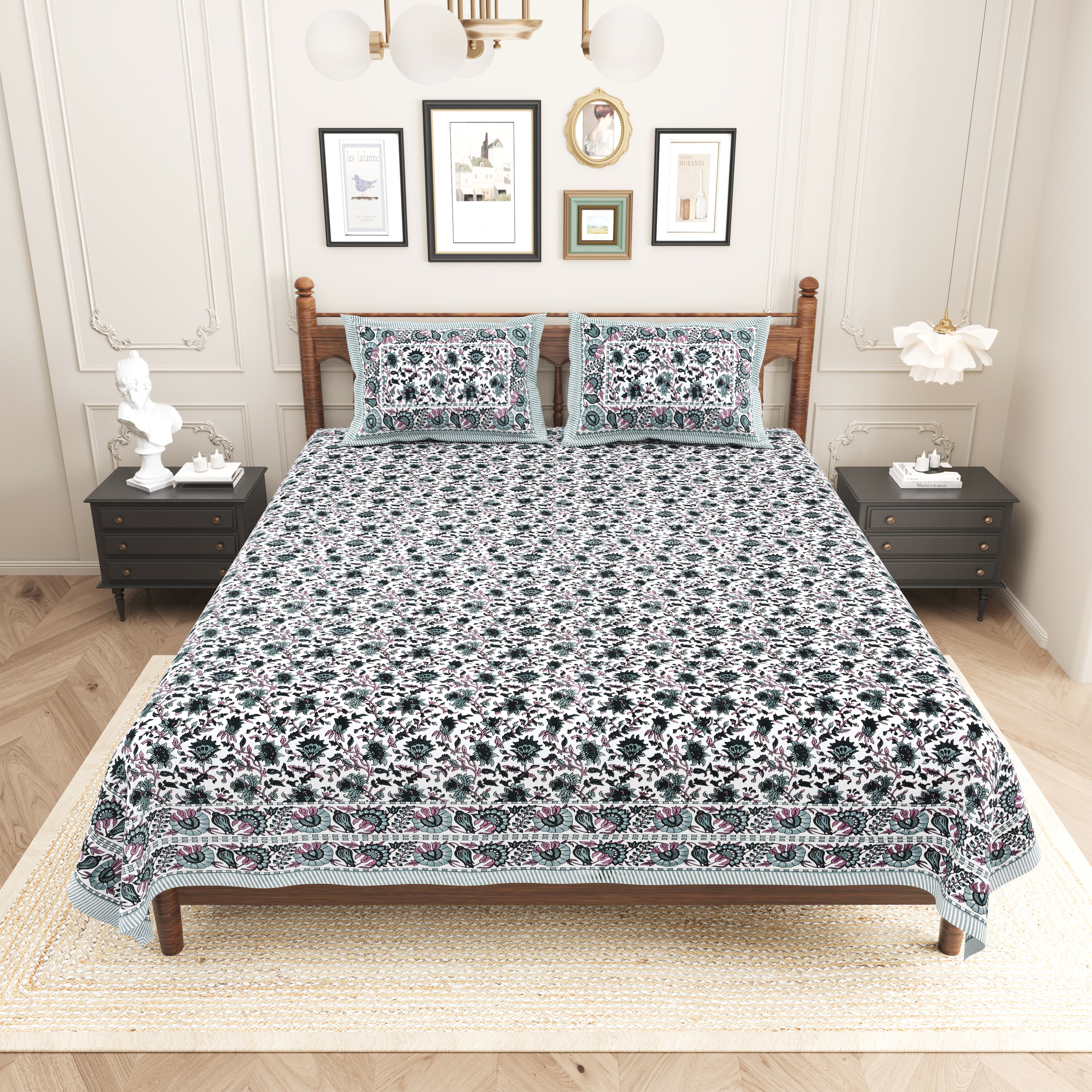 Elite Pure Cotton Floral Printed King Size Bedsheet - Grey & White