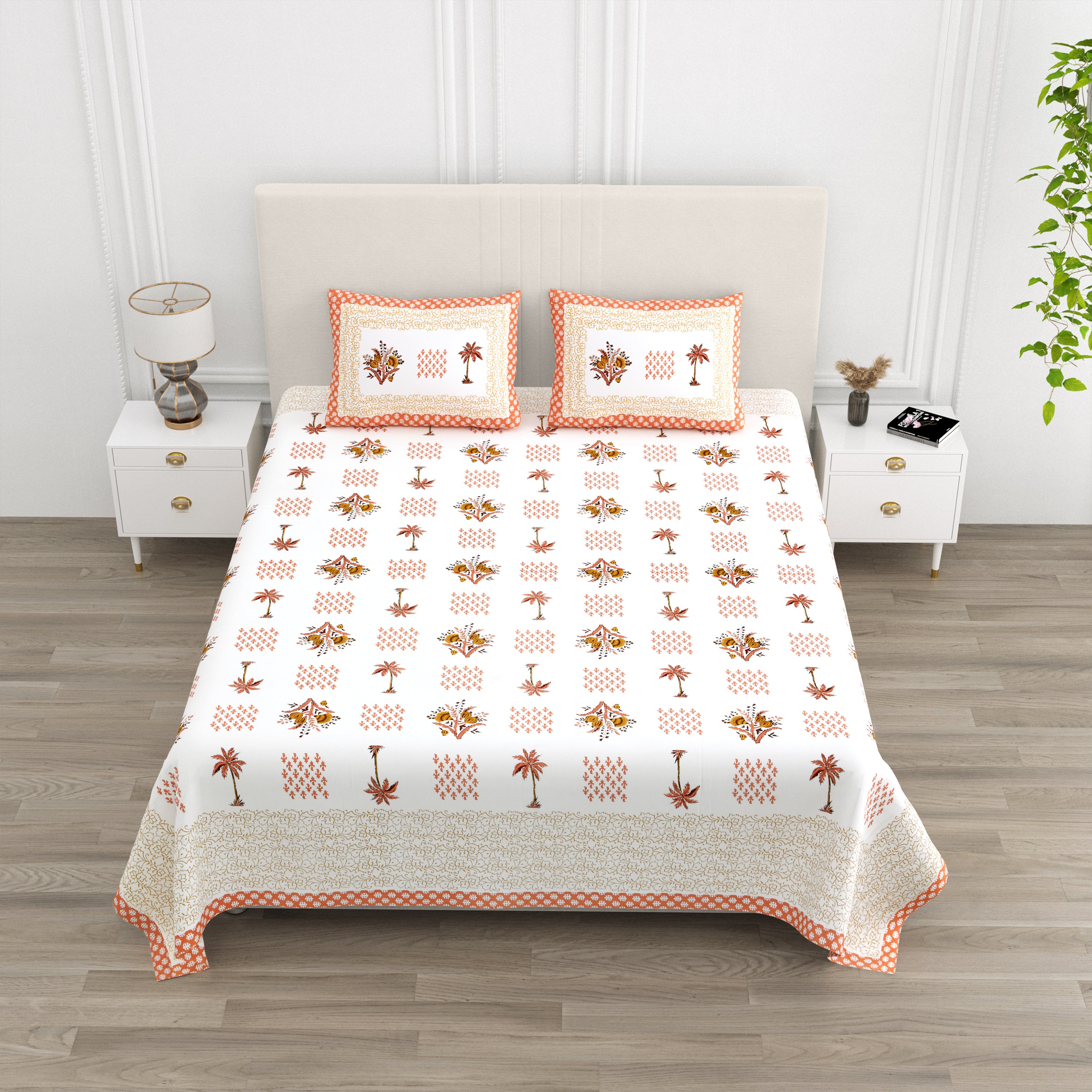 Blockprinted Tree Pure Cotton Bedsheet - Orange