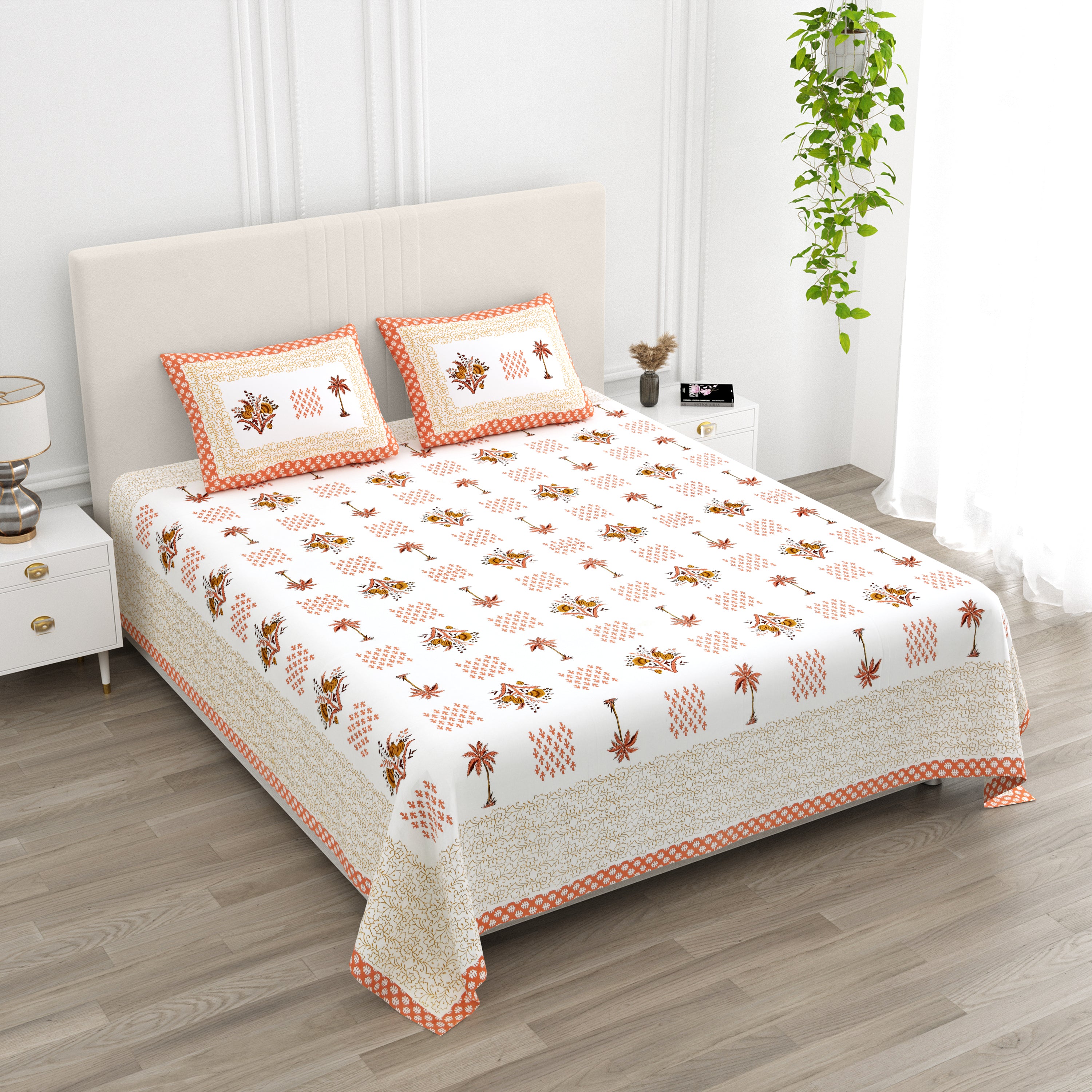 Blockprinted Tree Pure Cotton Bedsheet - Orange