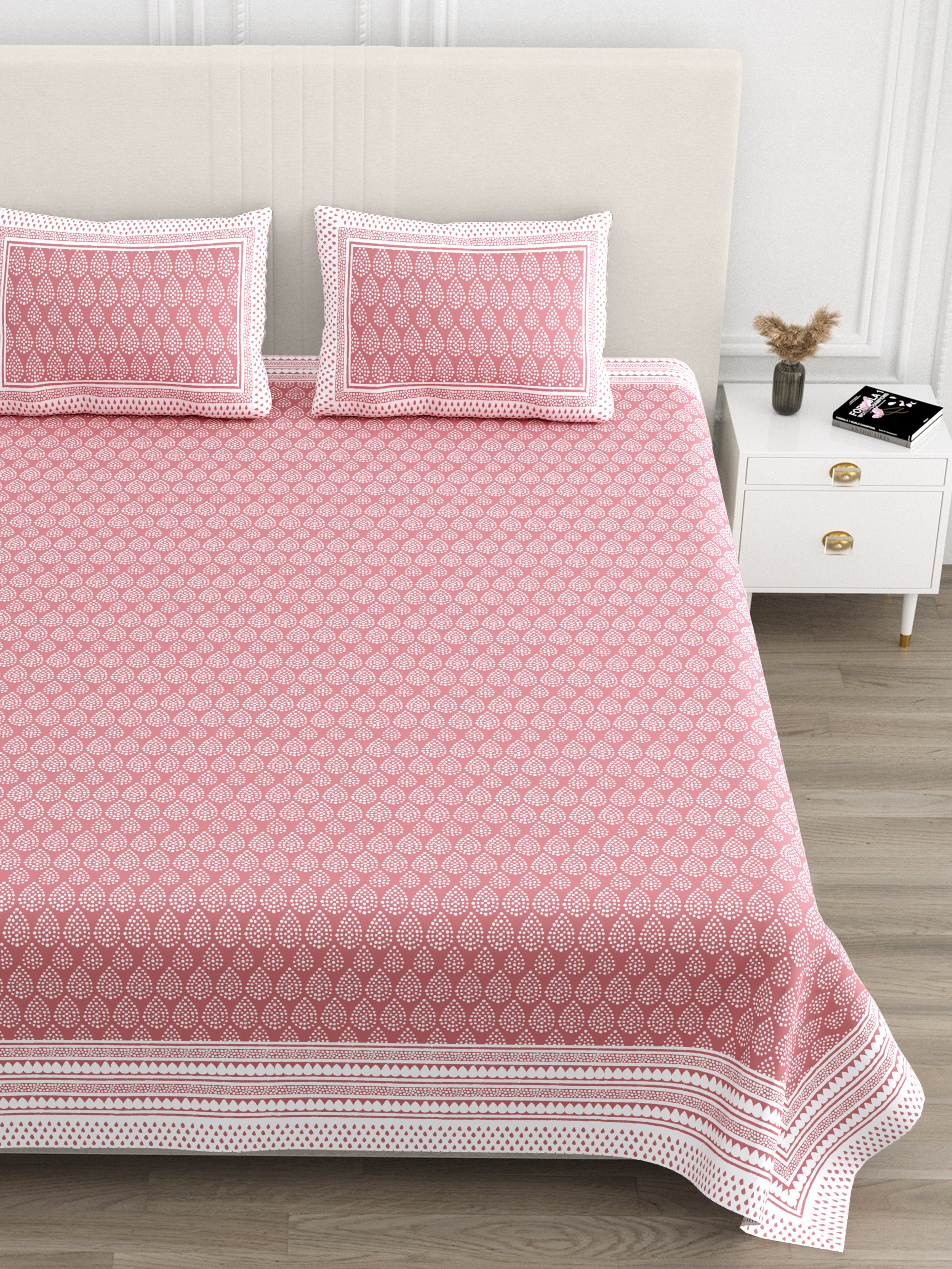 Teardrop Printed Cotton Bedsheet - Pink
