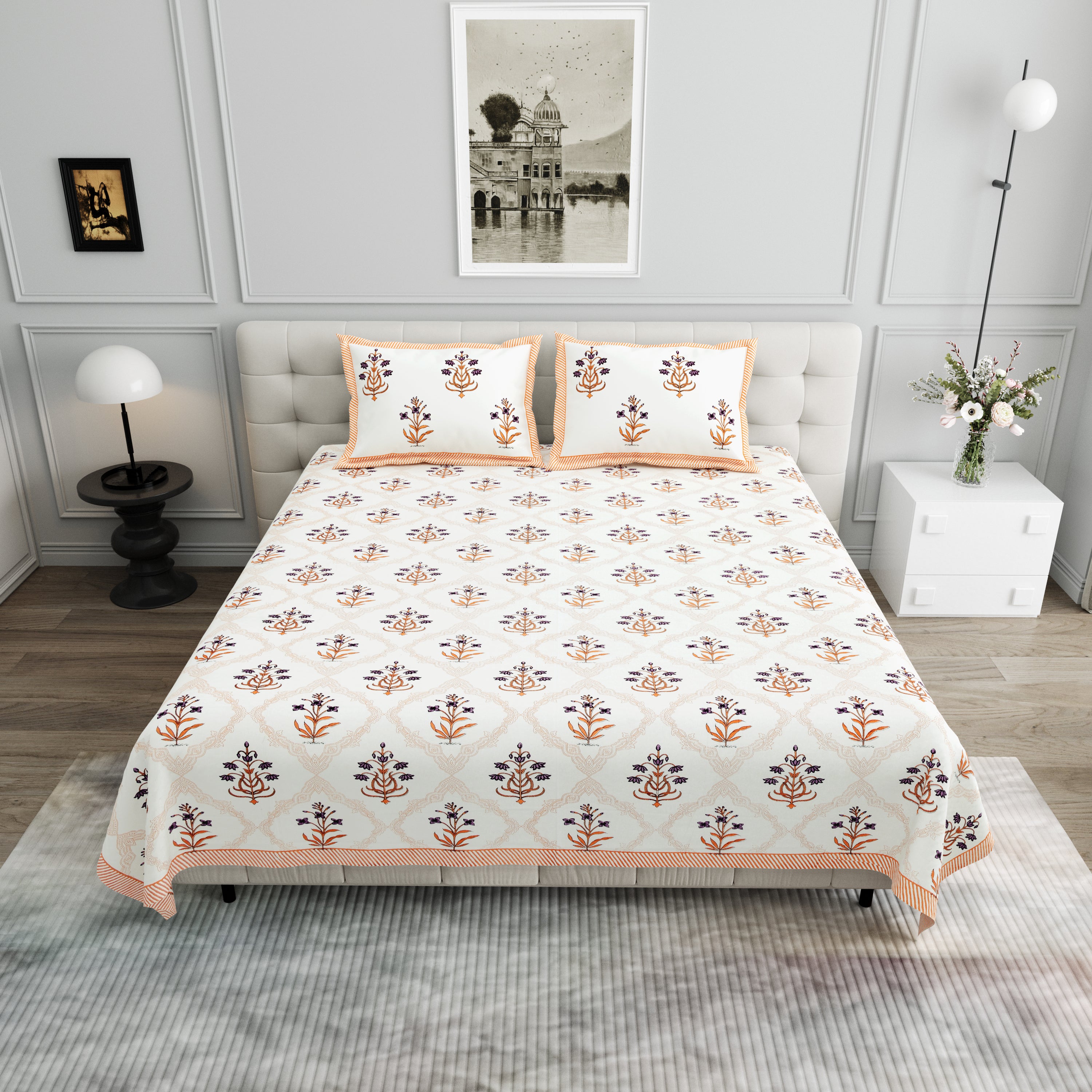Block Printed Cotton King Size Bedsheet- Orange