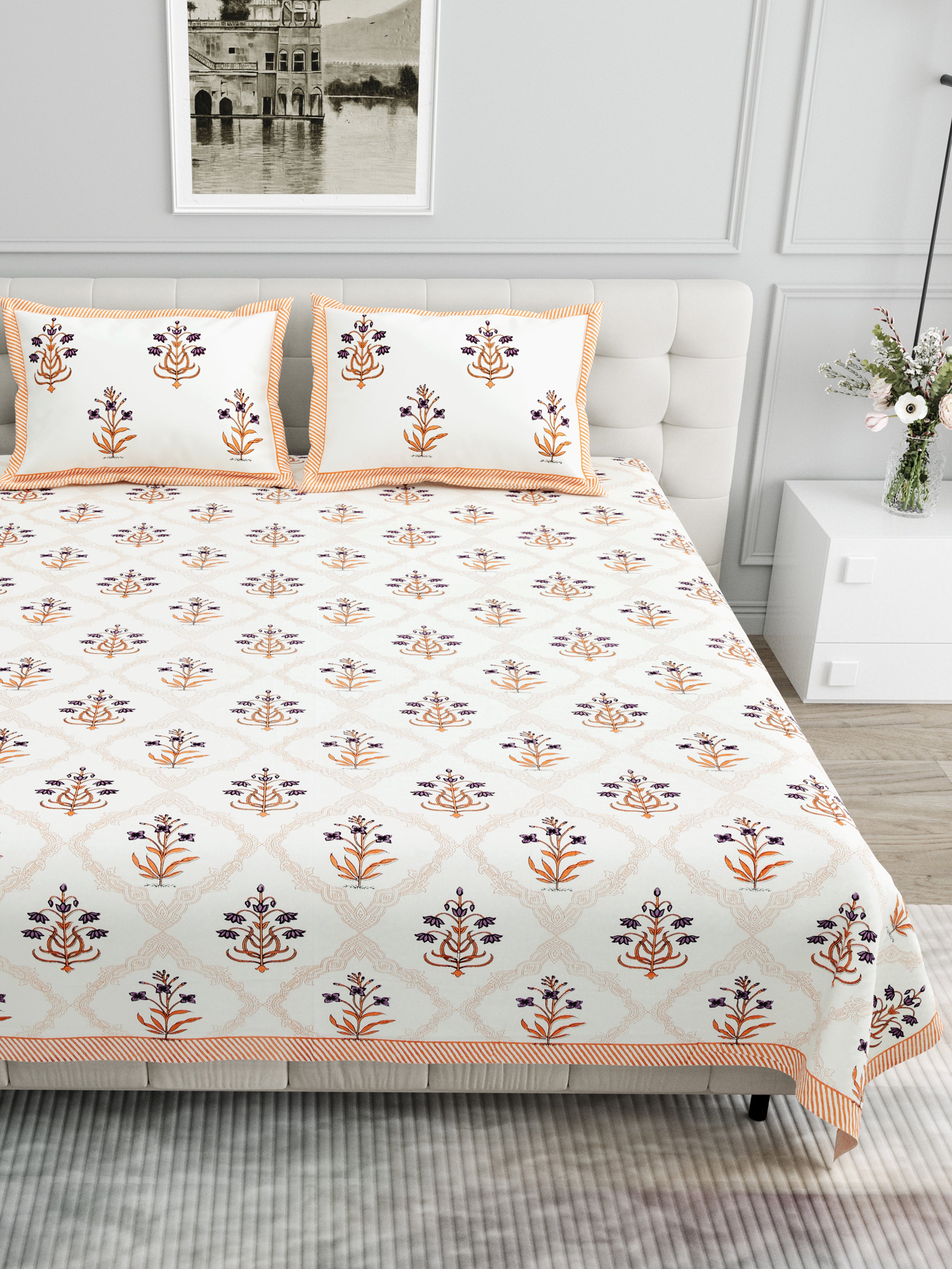 Block Printed Cotton King Size Bedsheet- Orange