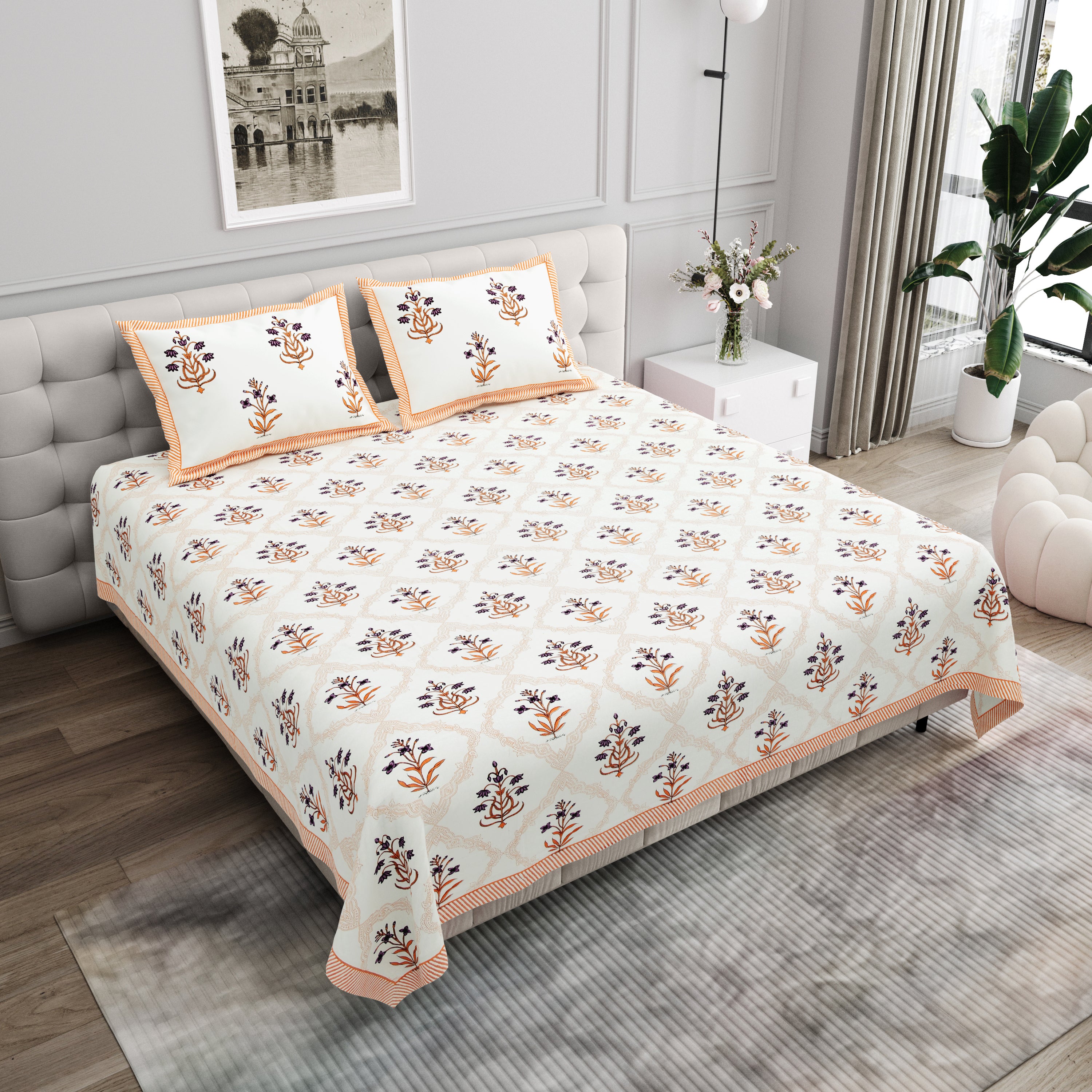 Block Printed Cotton King Size Bedsheet- Orange
