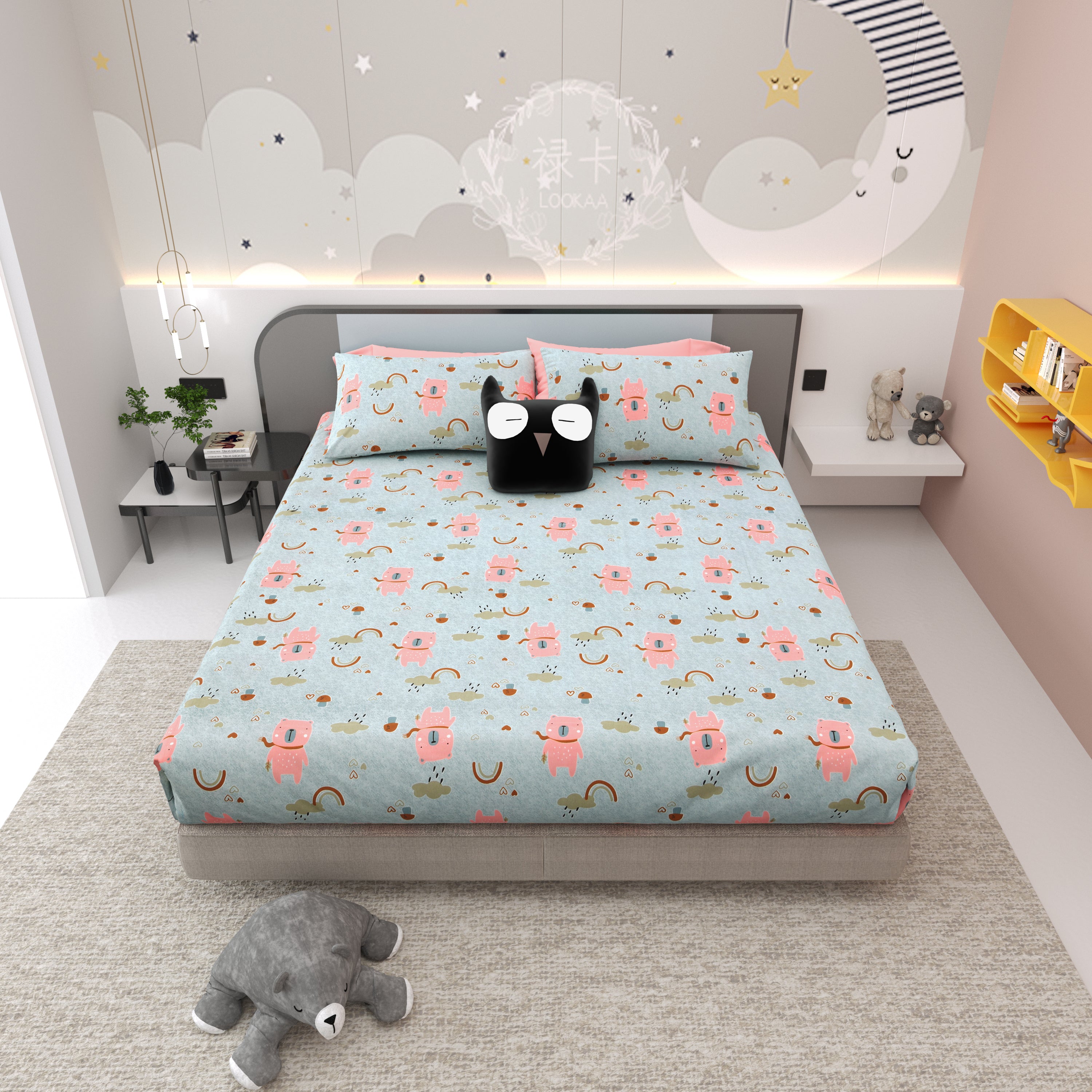 Dream World Pure Cotton Bedsheet- Sky Blue