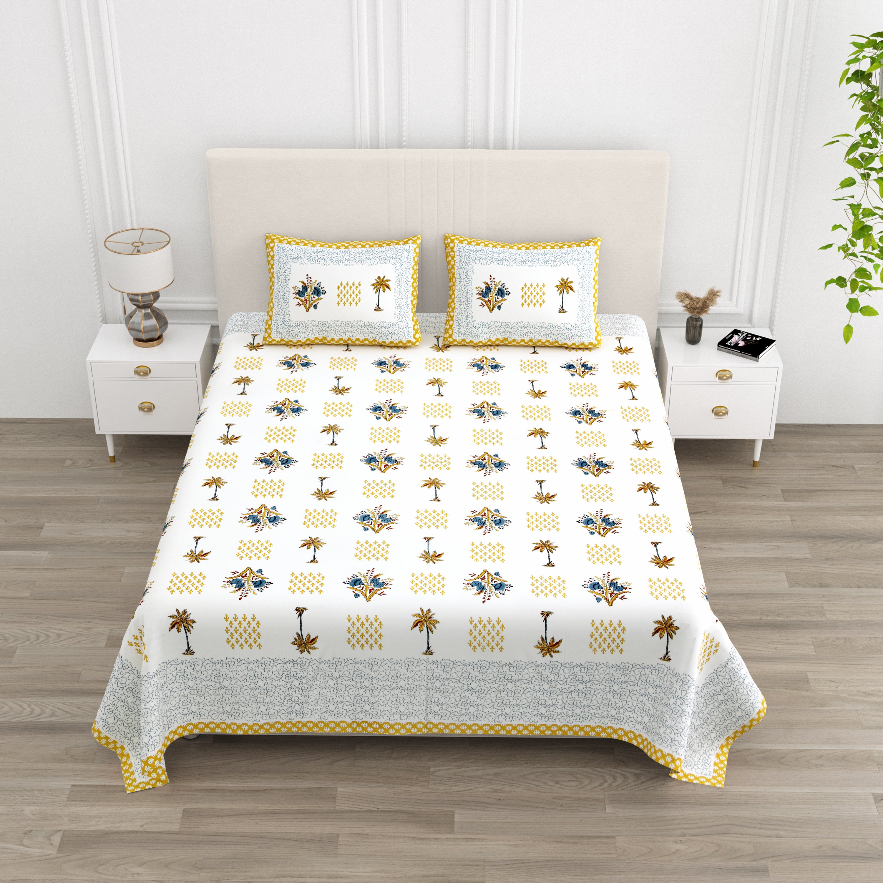 Blockprinted Tree Pure Cotton Bedsheet - Yellow