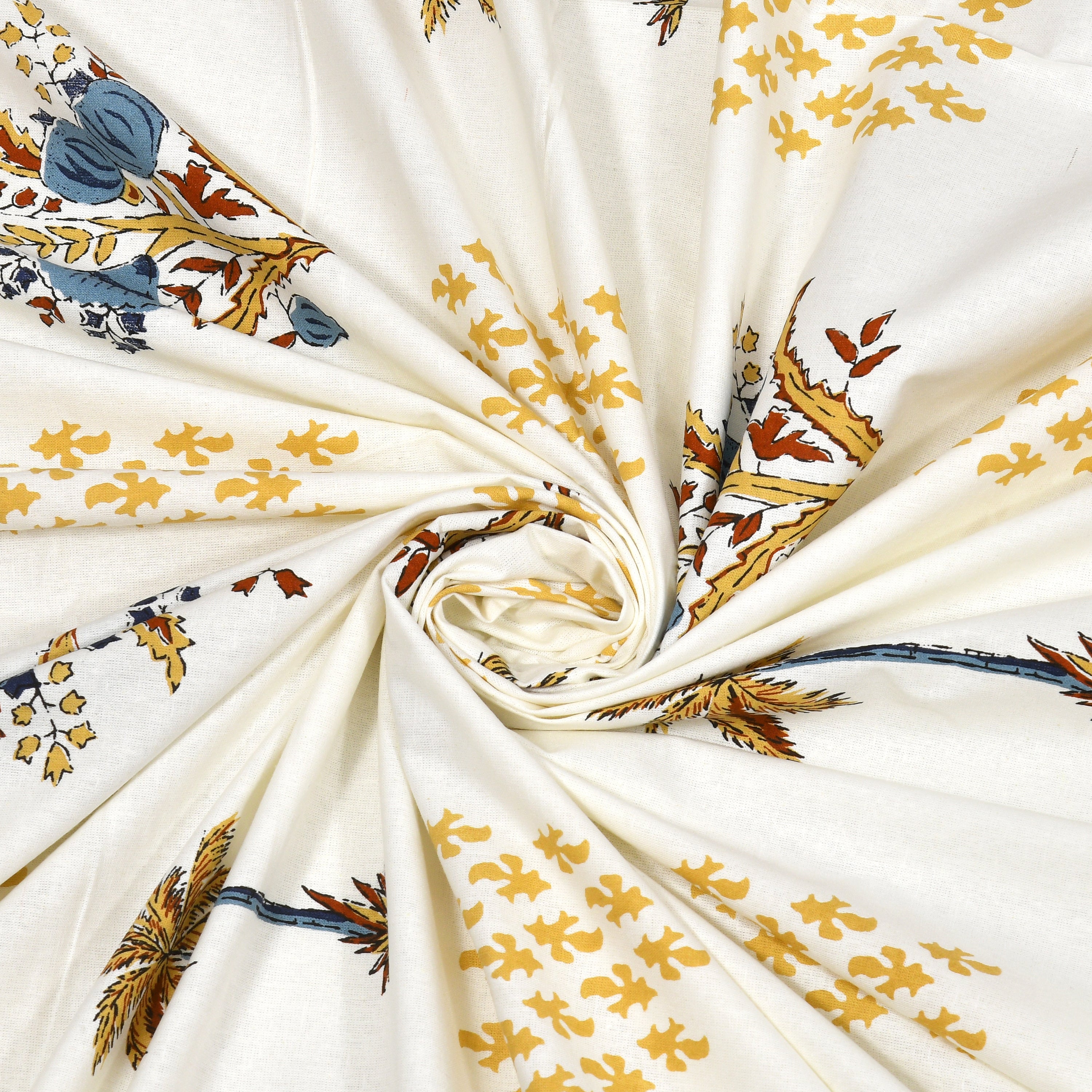 Blockprinted Tree Pure Cotton Bedsheet - Yellow