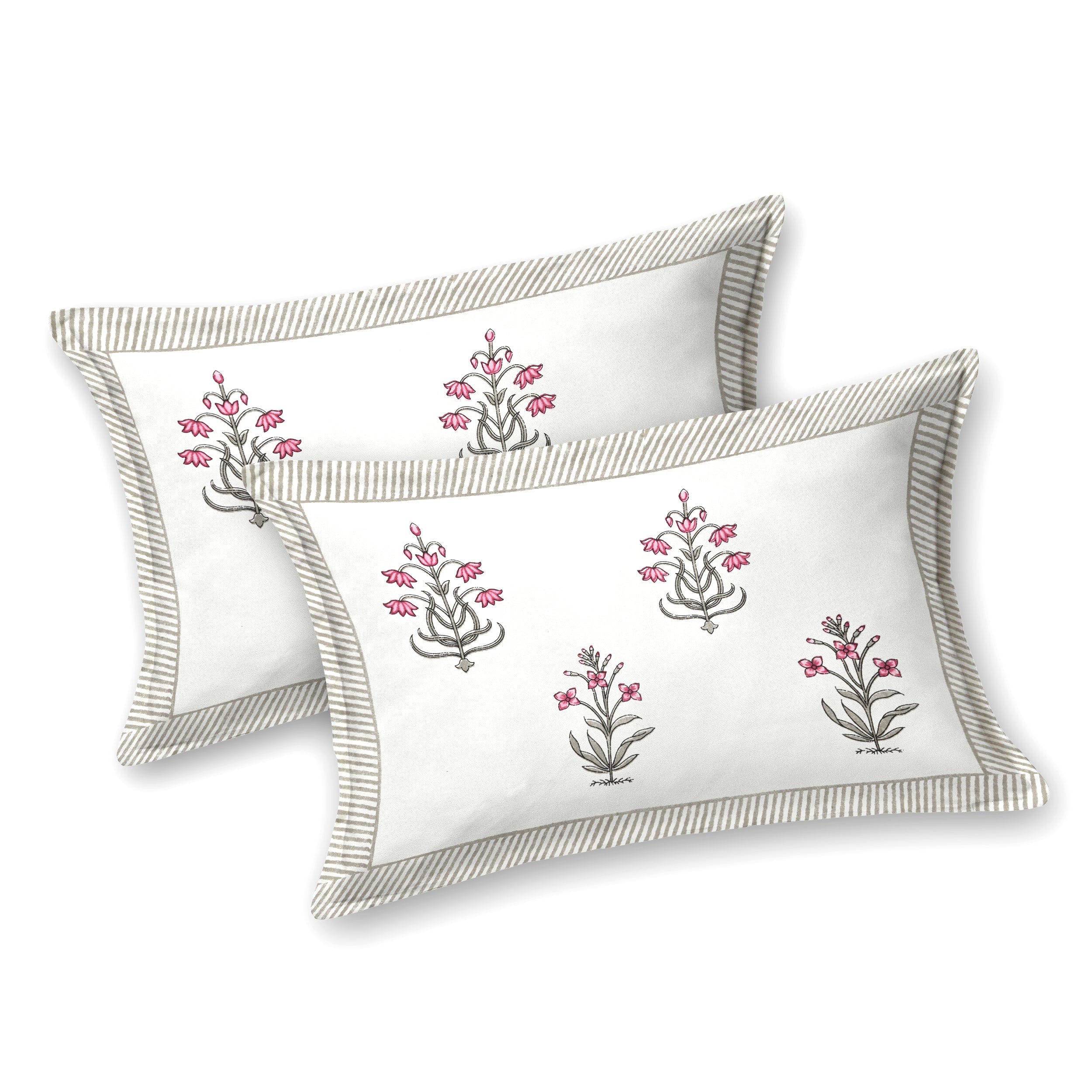 Block Printed Cotton King Size Bedsheet- Grey & Pink