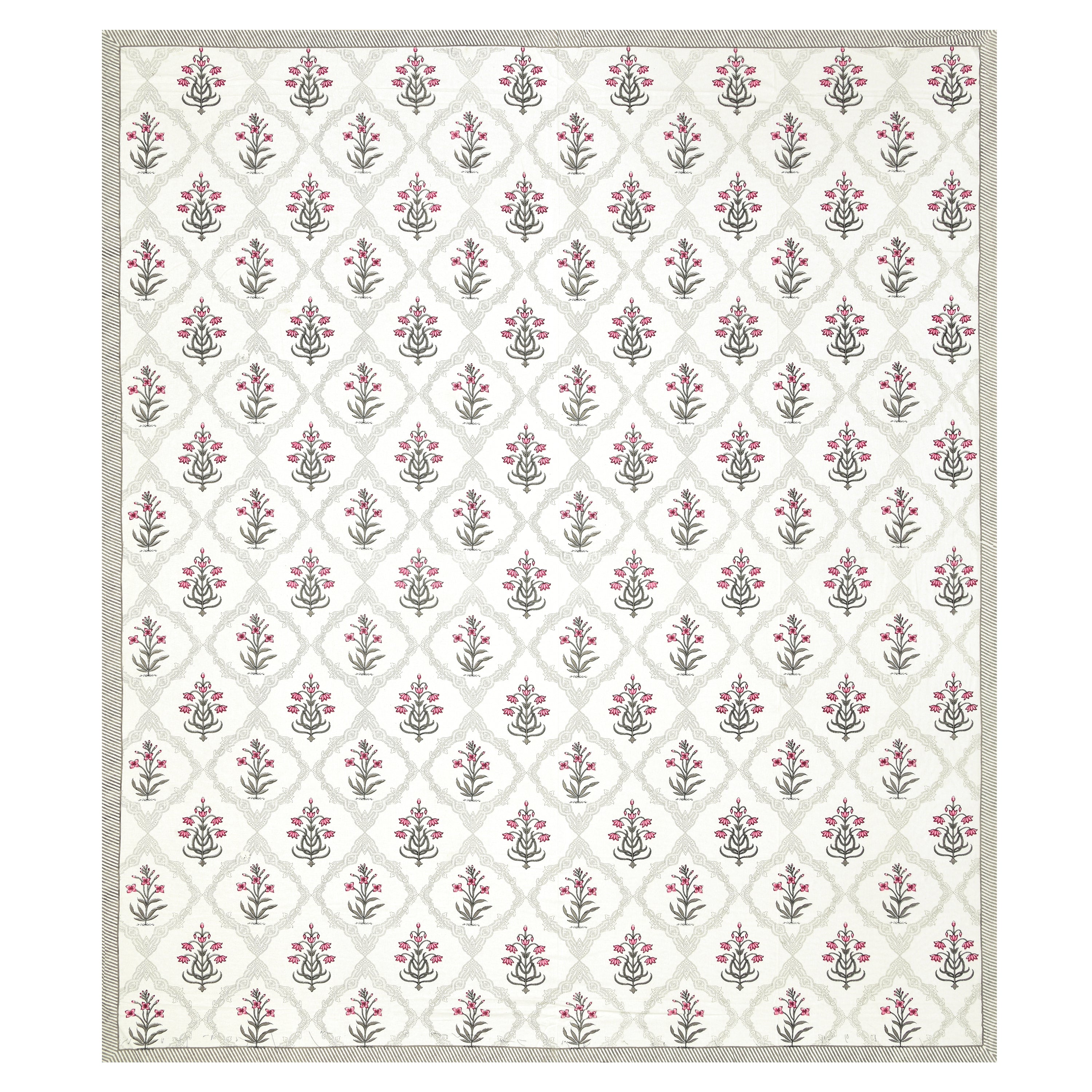 Block Printed Cotton King Size Bedsheet- Grey & Pink