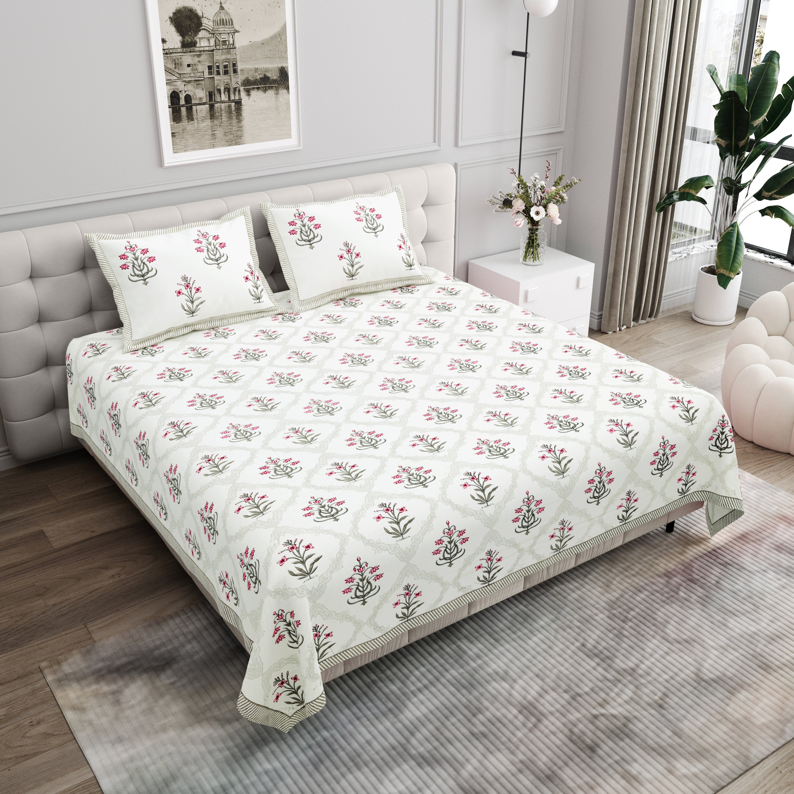 Block Printed Cotton King Size Bedsheet- Grey & Pink
