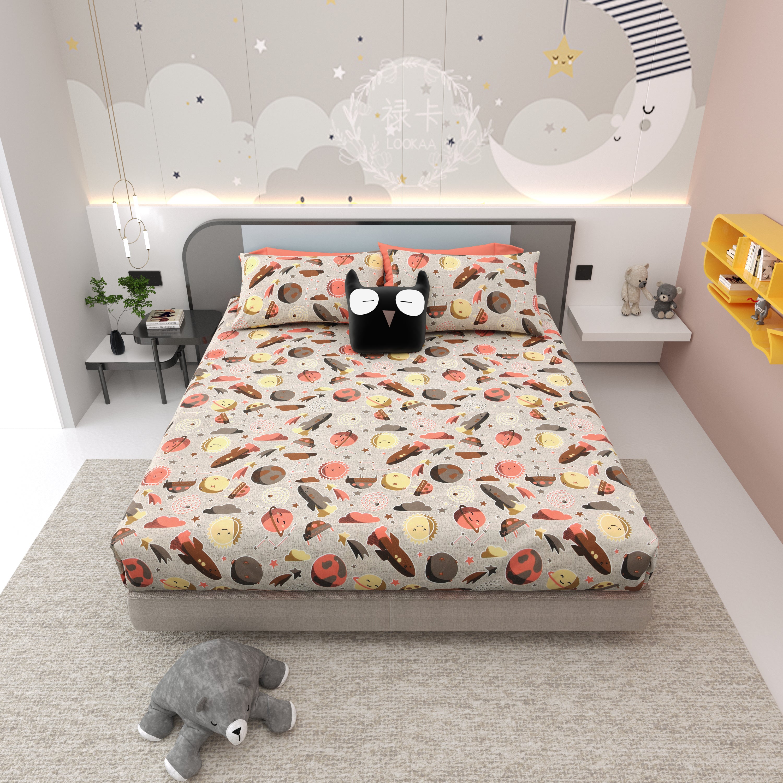Space Explorers Pure Cotton Bedsheet- Slate Grey