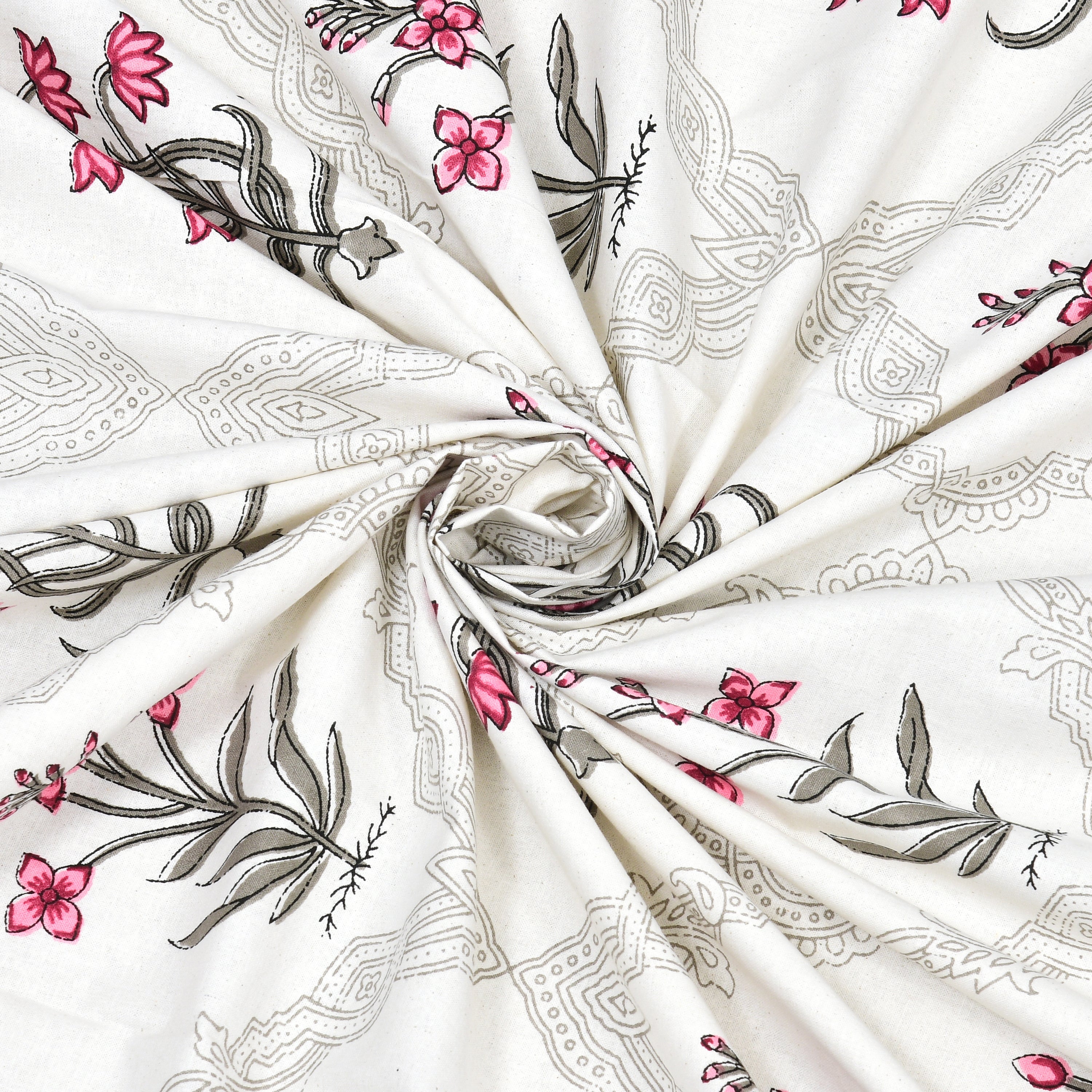 Block Printed Cotton King Size Bedsheet- Grey & Pink