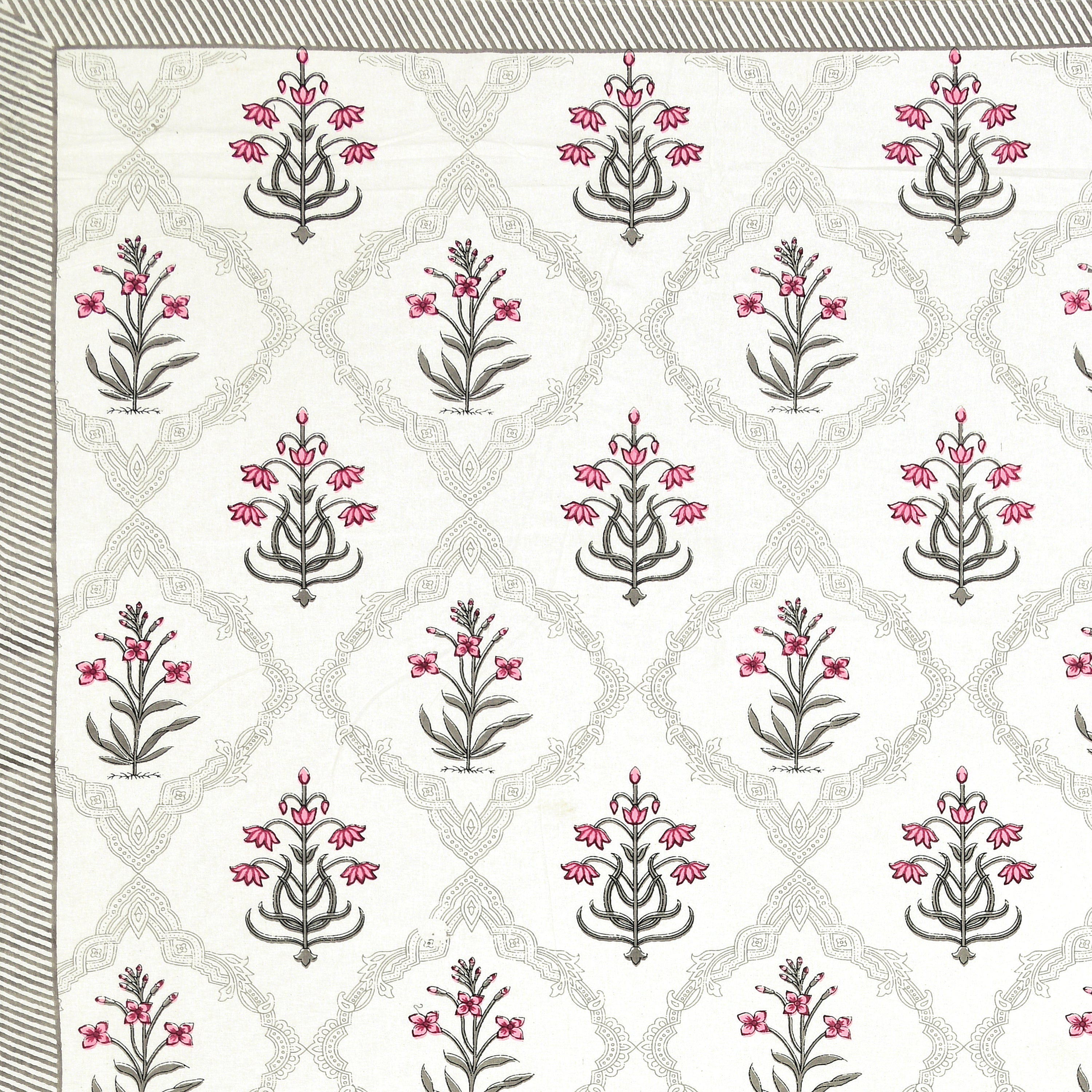 Block Printed Cotton King Size Bedsheet- Grey & Pink
