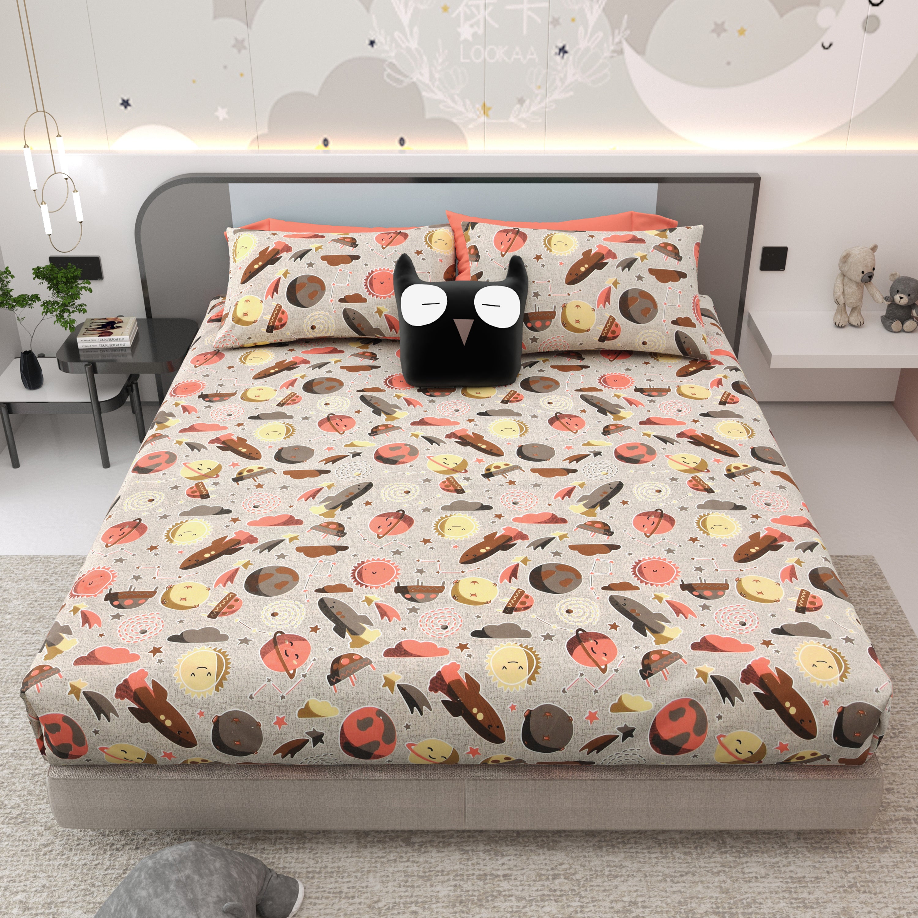 Space Explorers Pure Cotton Bedsheet- Slate Grey