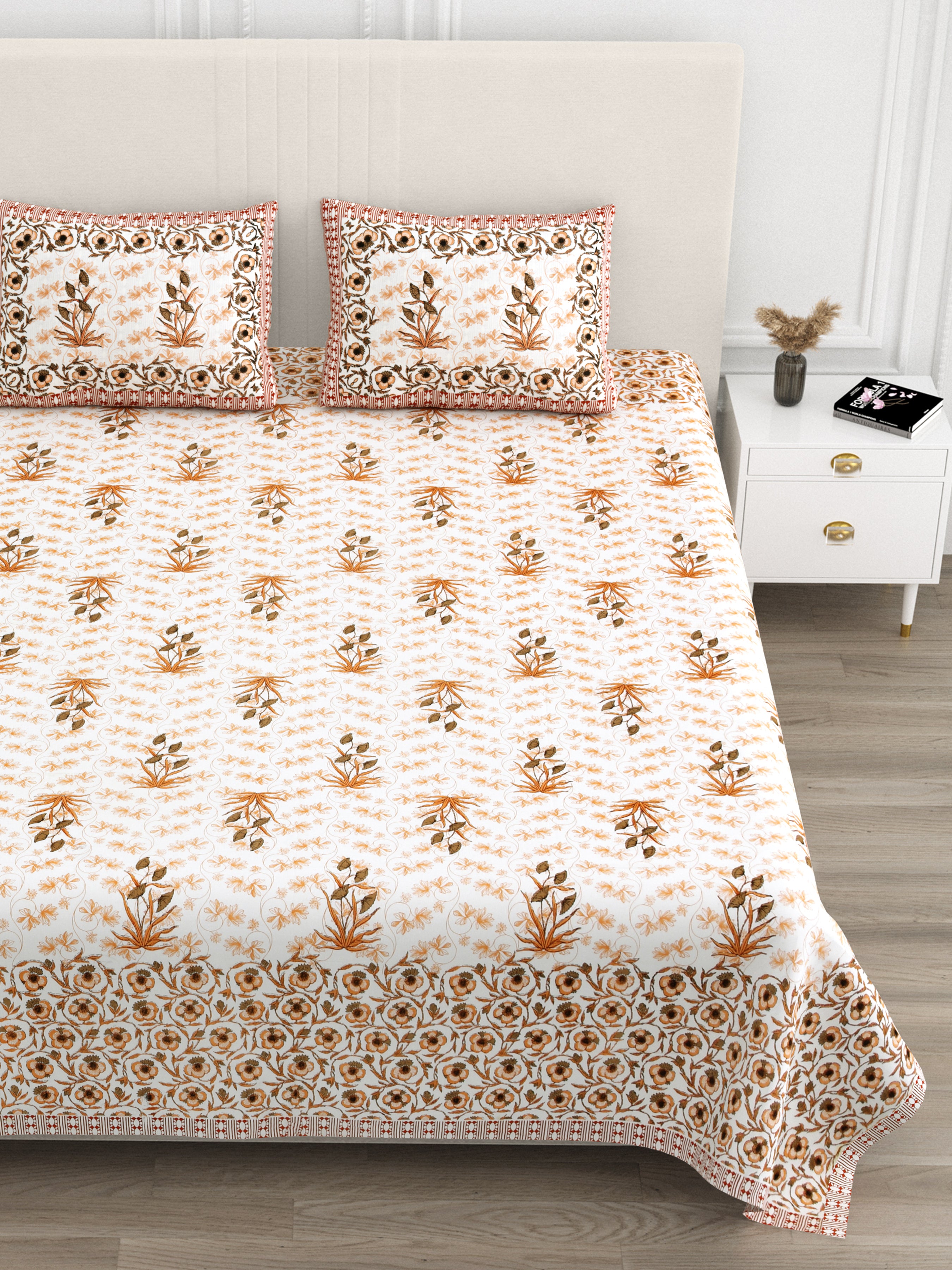 Floral Border Cotton King Size Bedsheet - Rust