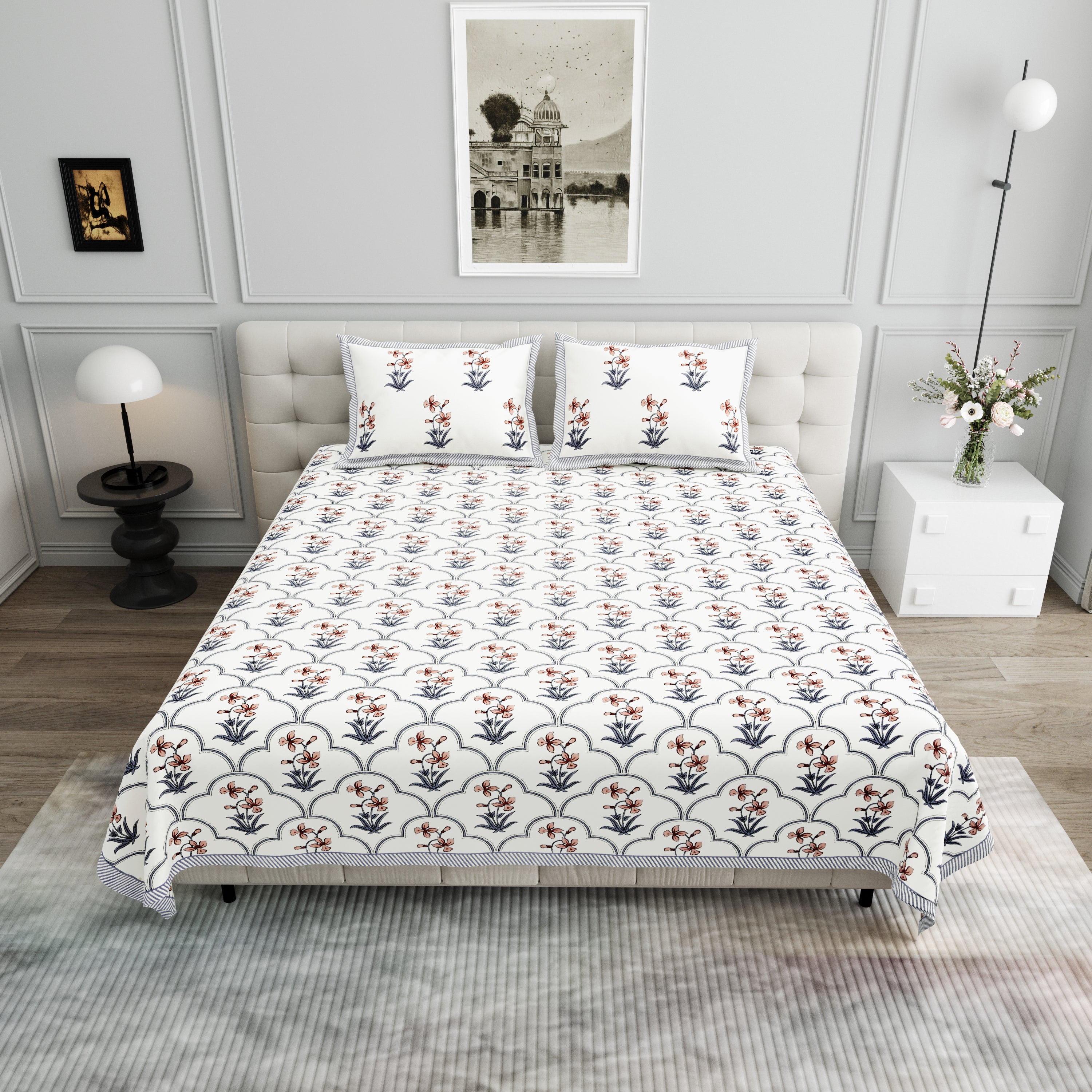 Block Printed Cotton King Size Bedsheet- Grey