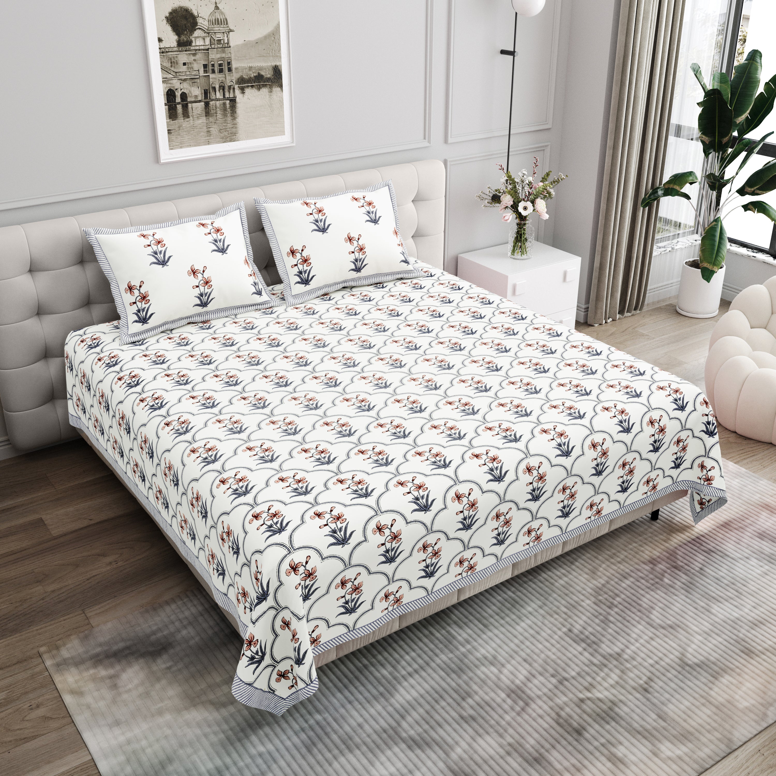 Block Printed Cotton King Size Bedsheet- Grey