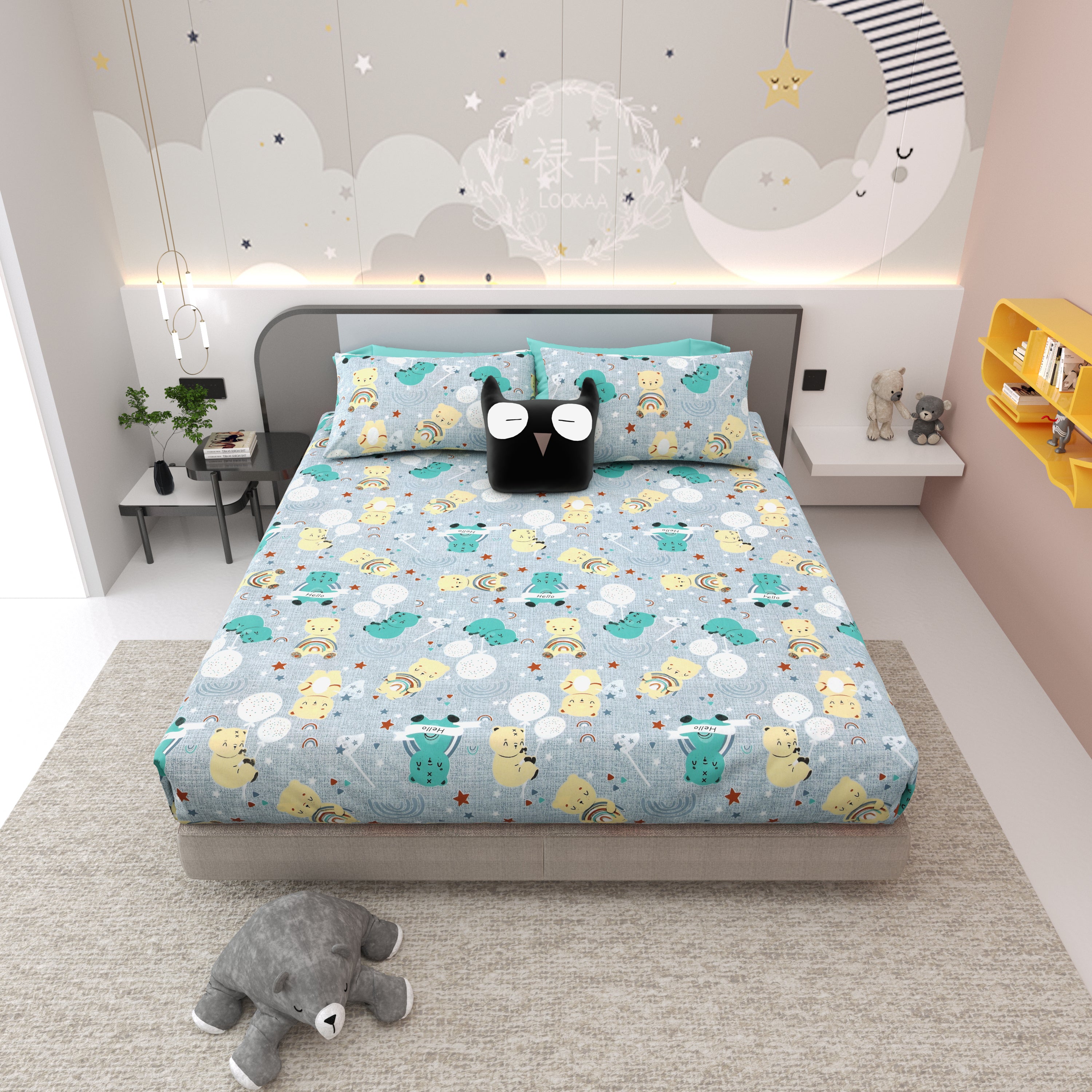 Moonlight Bear Hugs Pure Cotton Kids Bedsheet- Light Grey