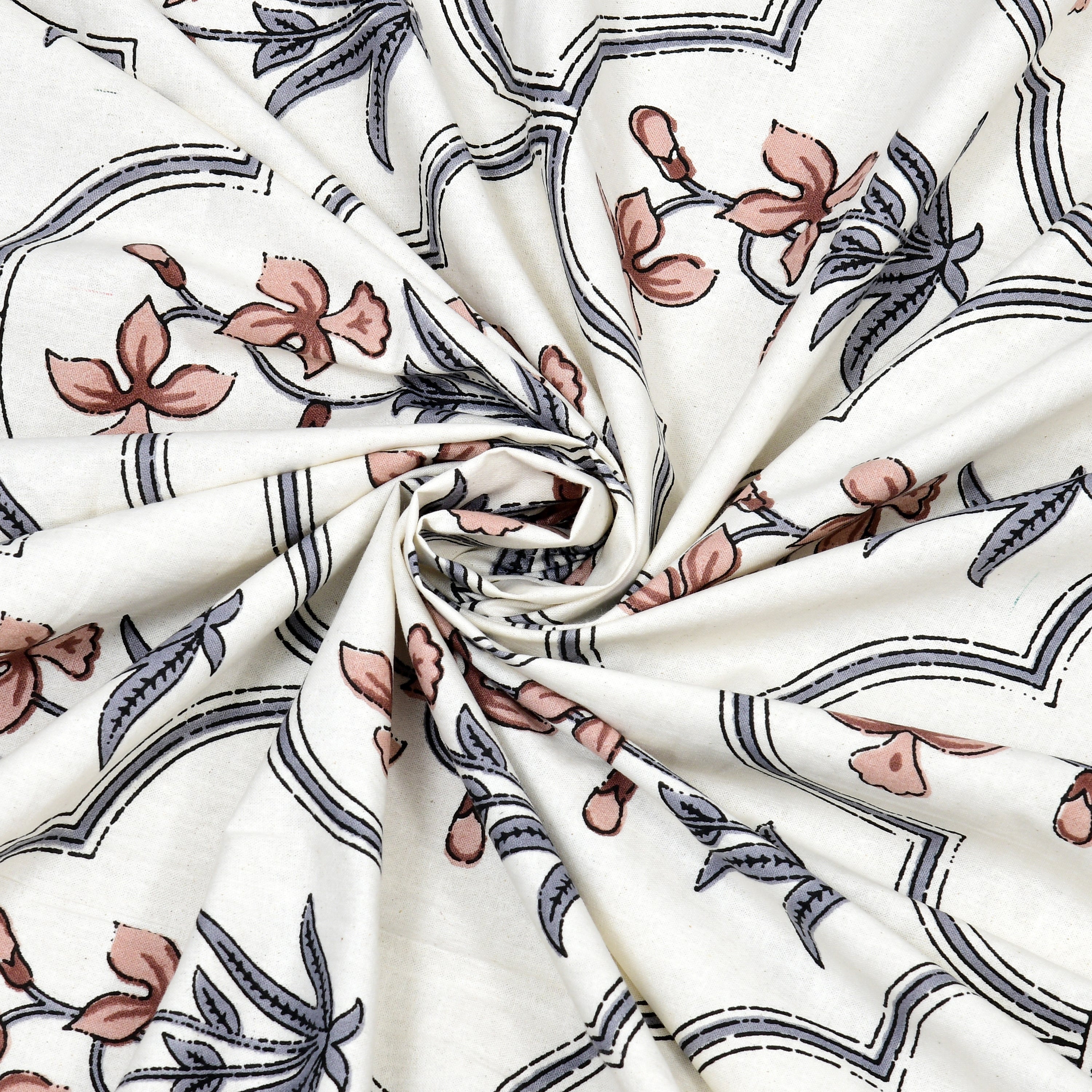 Block Printed Cotton King Size Bedsheet- Grey