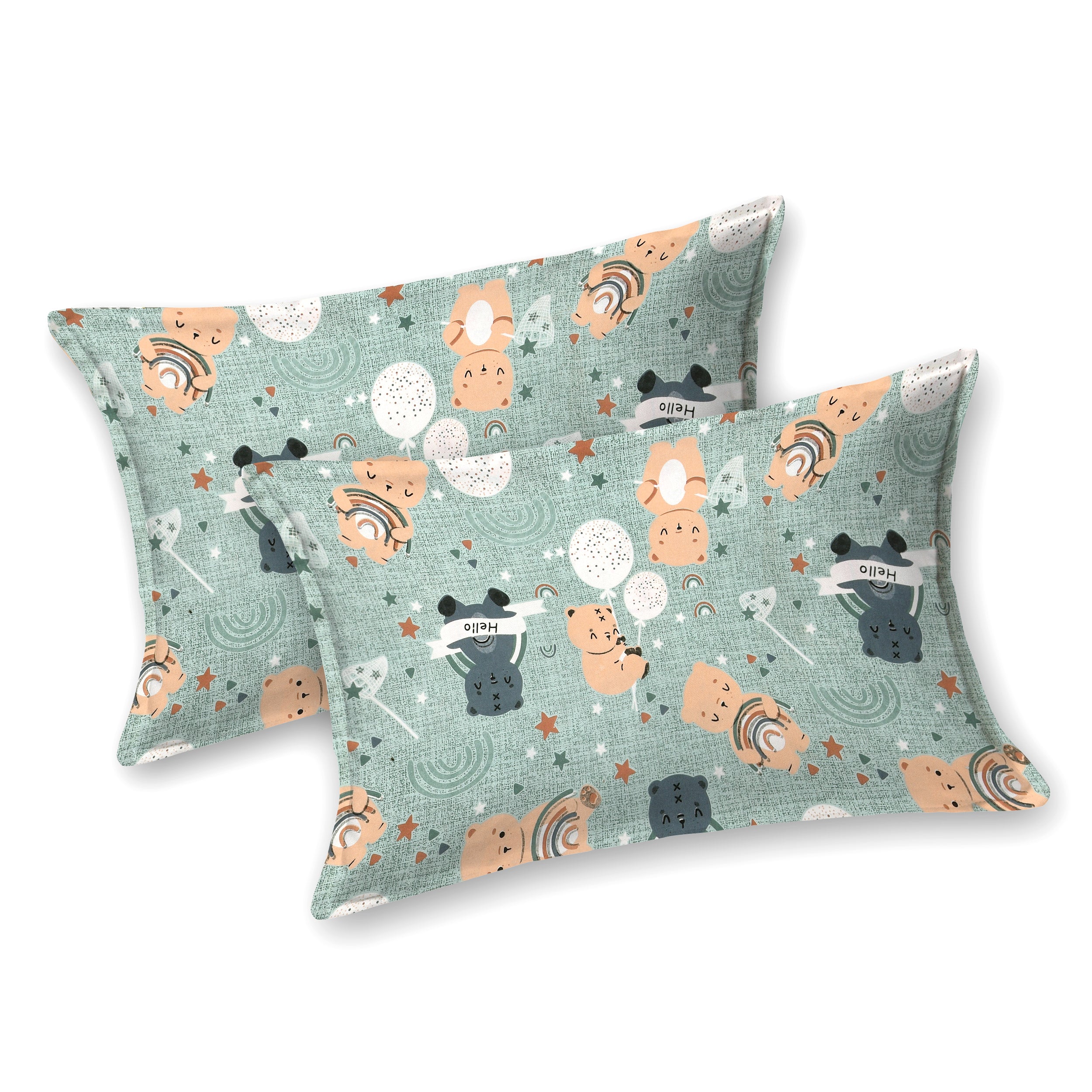 Moonlight Bear Hugs Pure Cotton Kids Bedsheet- Light Green