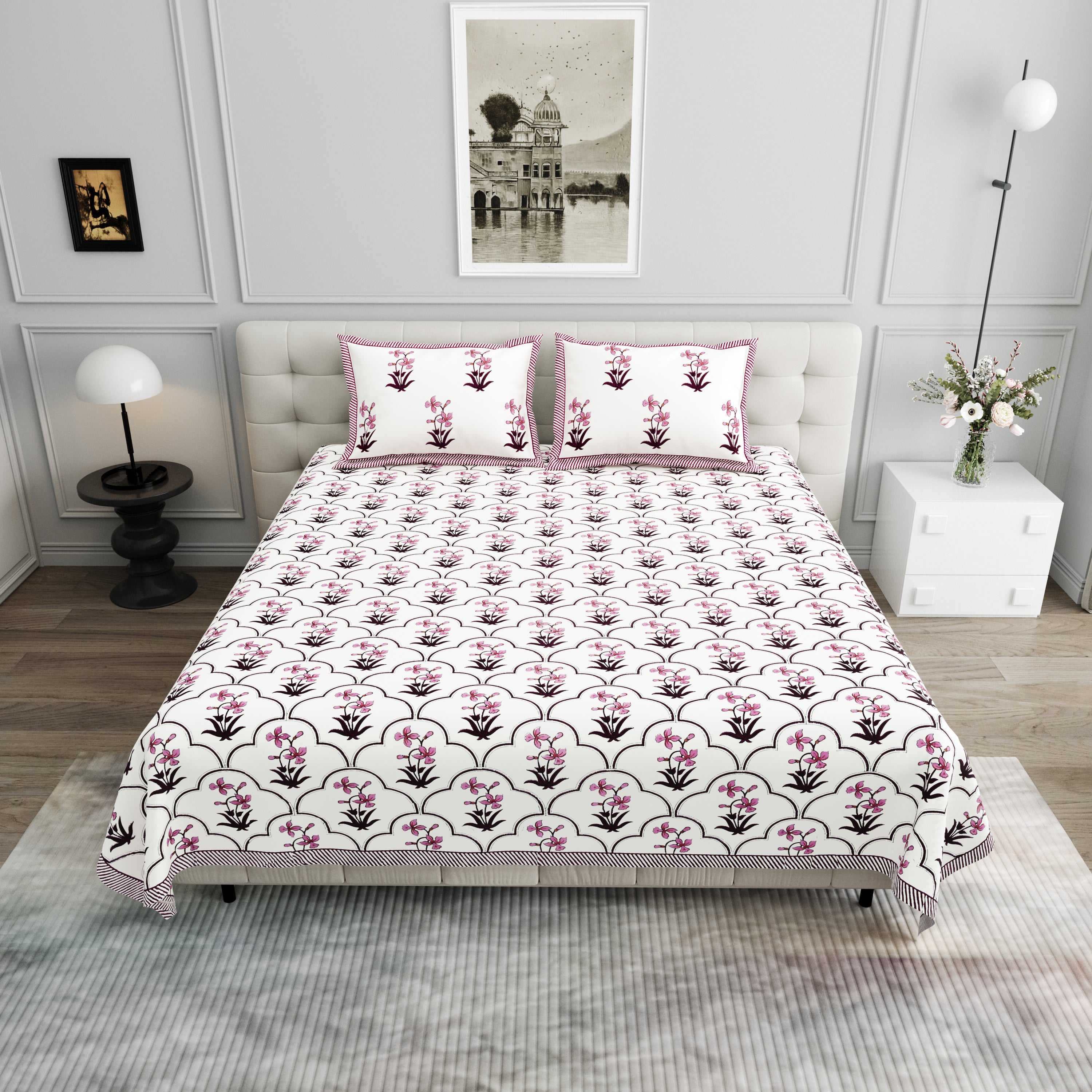 Block Printed Cotton King Size Bedsheet- Pink