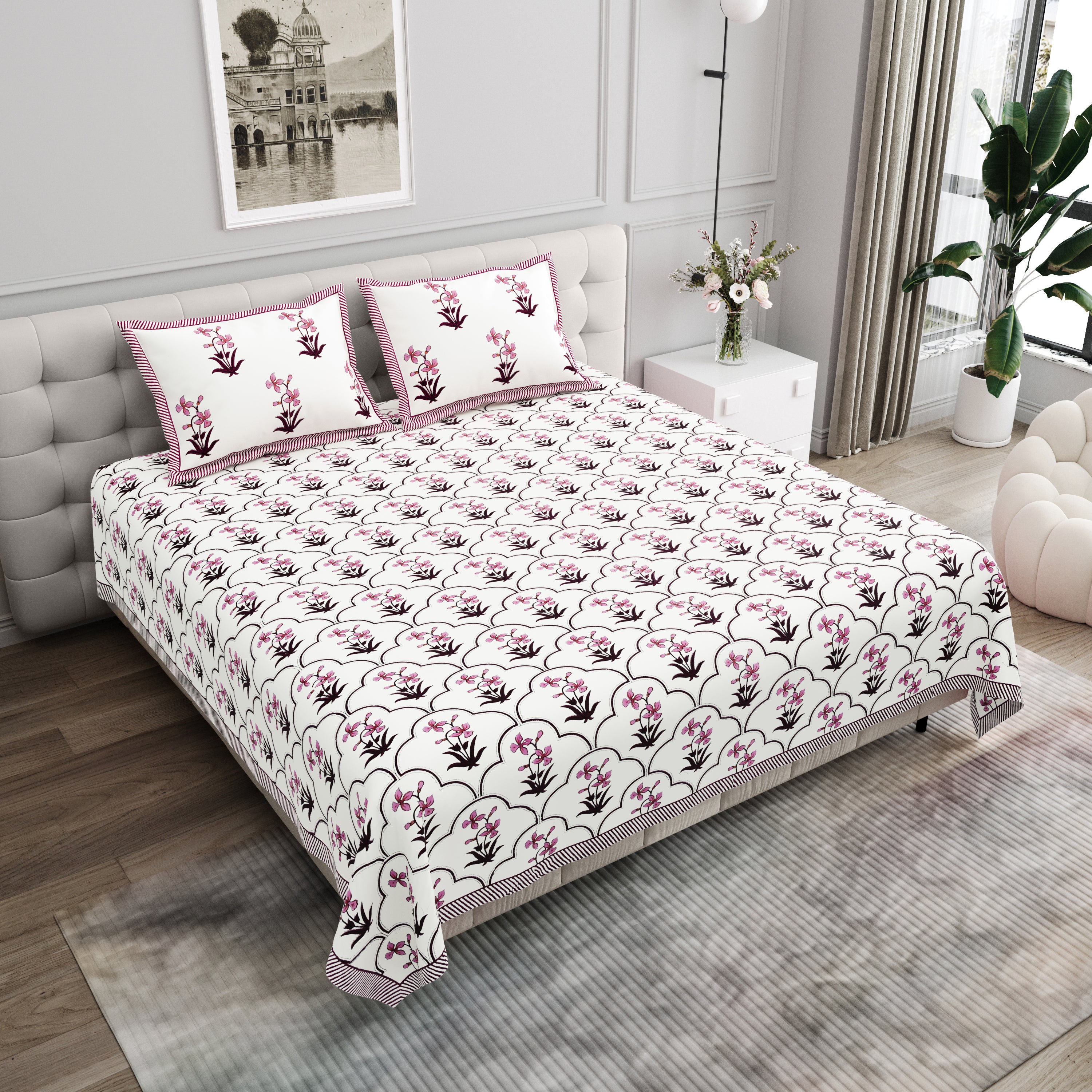 Block Printed Cotton King Size Bedsheet- Pink