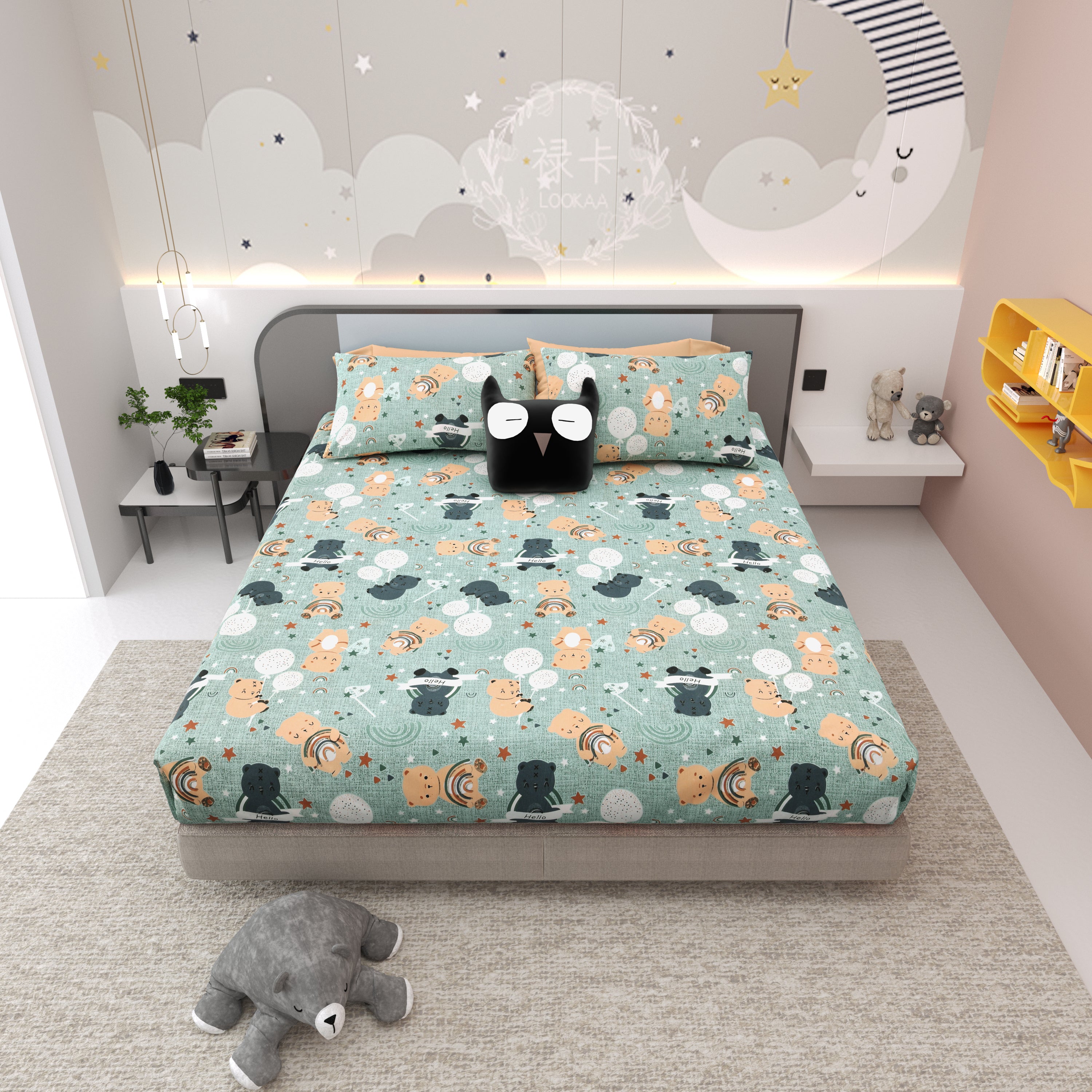 Moonlight Bear Hugs Pure Cotton Kids Bedsheet- Light Green