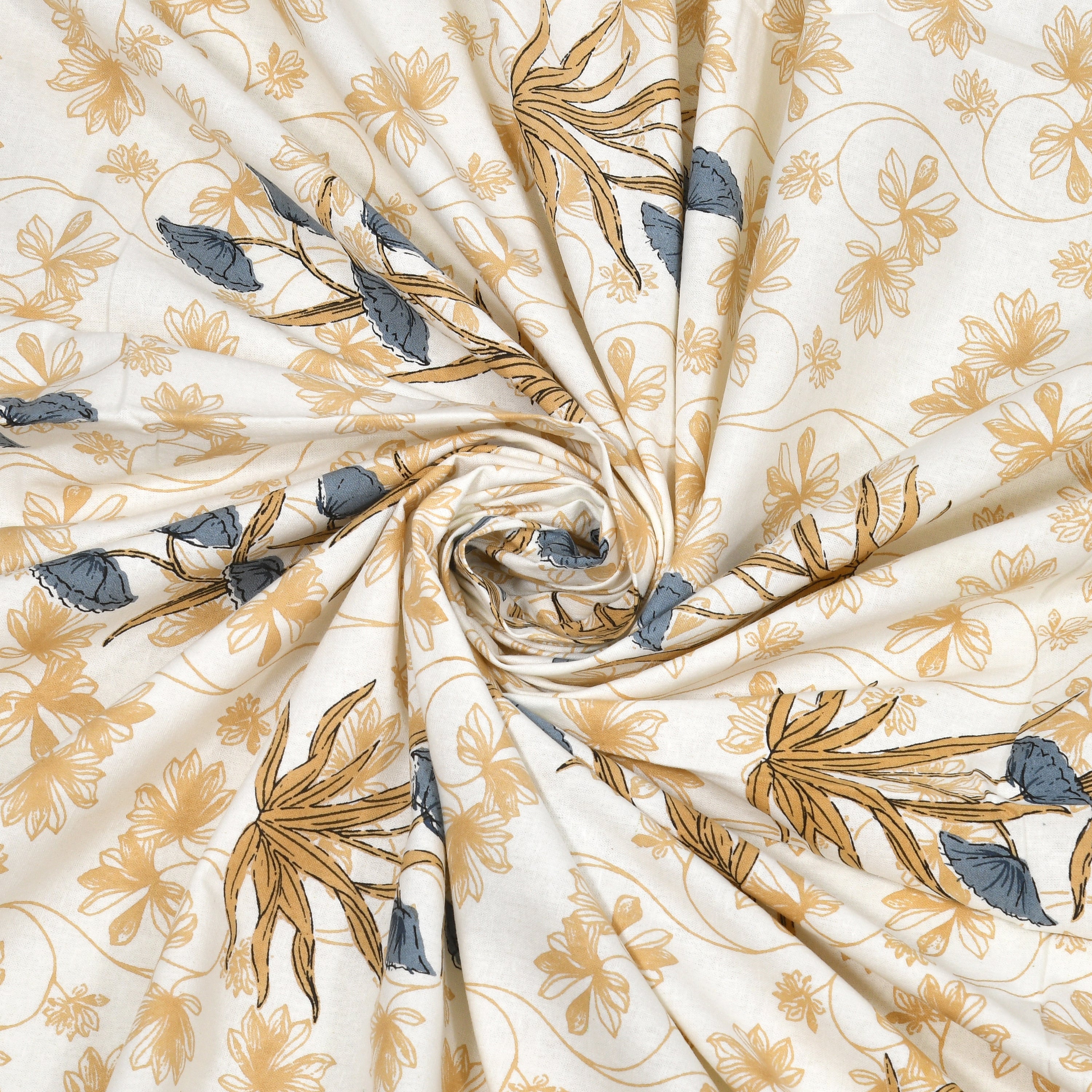 Floral Border Cotton King Size Bedsheet - Dusty Indigo