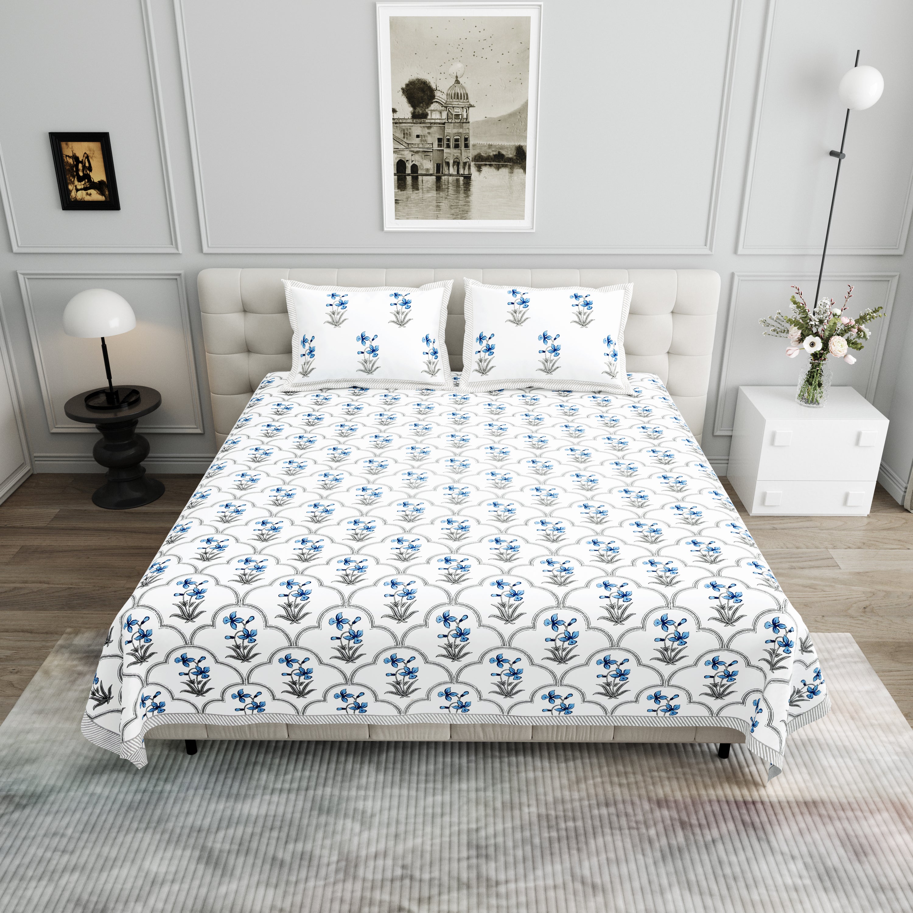 Block Printed Cotton King Size Bedsheet- Sky Blue