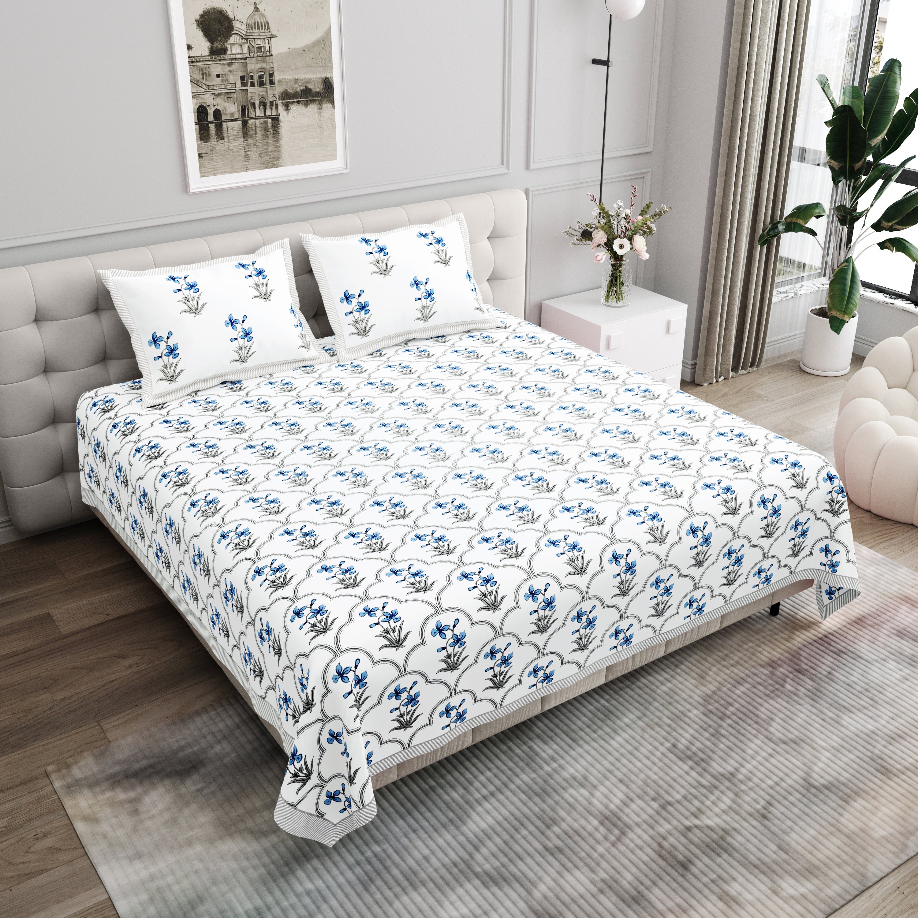 Block Printed Cotton King Size Bedsheet- Sky Blue