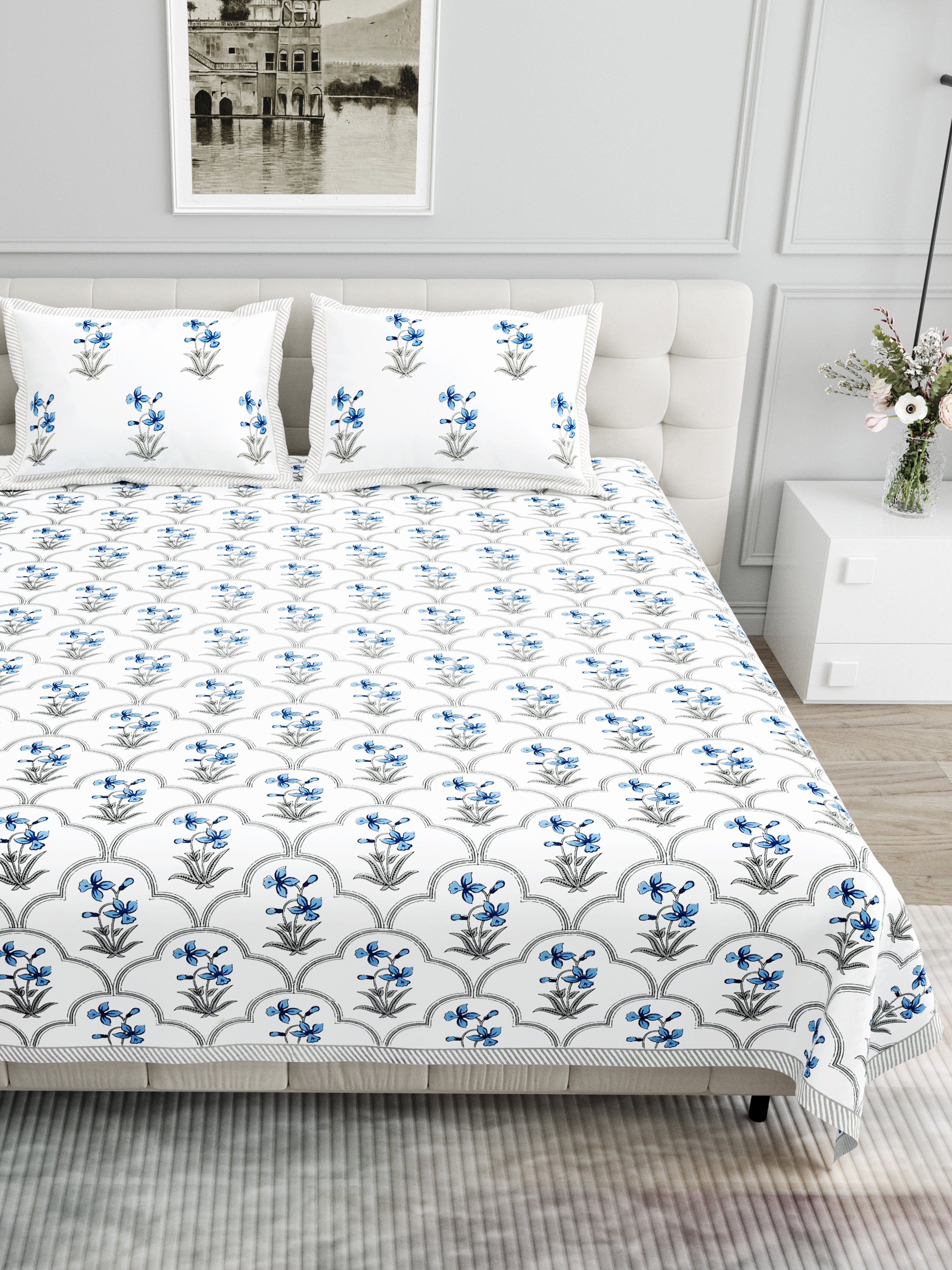 Block Printed Cotton King Size Bedsheet- Sky Blue