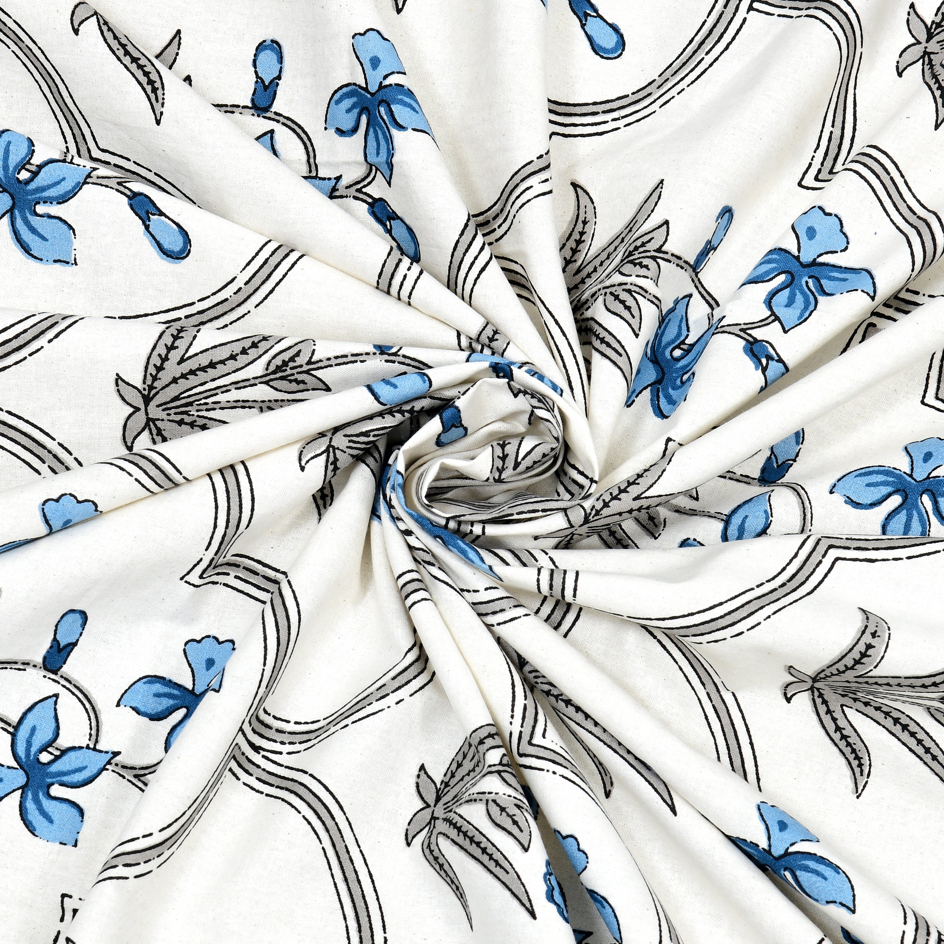 Block Printed Cotton King Size Bedsheet- Sky Blue