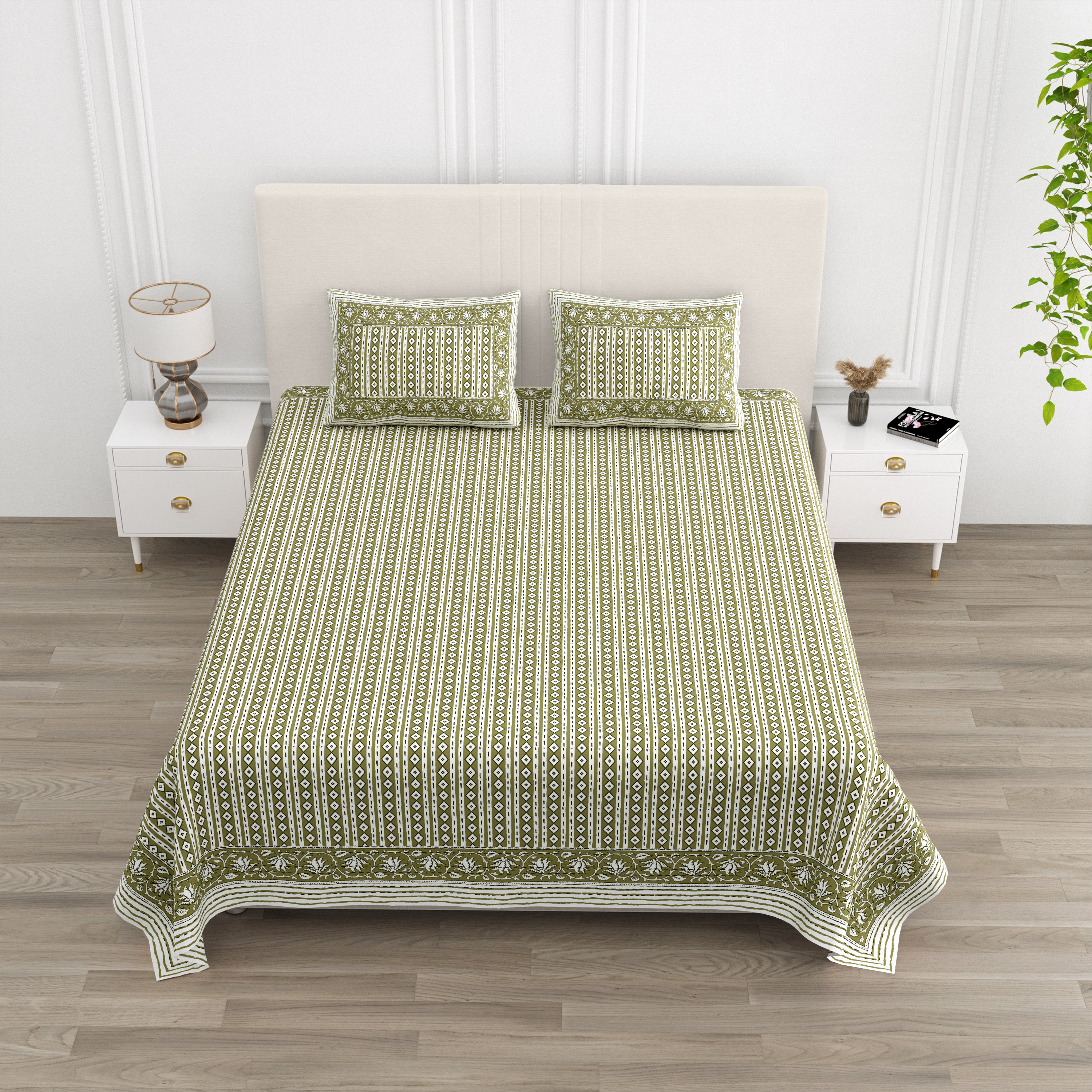Rajasthani Blockprinted Cotton Bedsheet - Mustard Olive