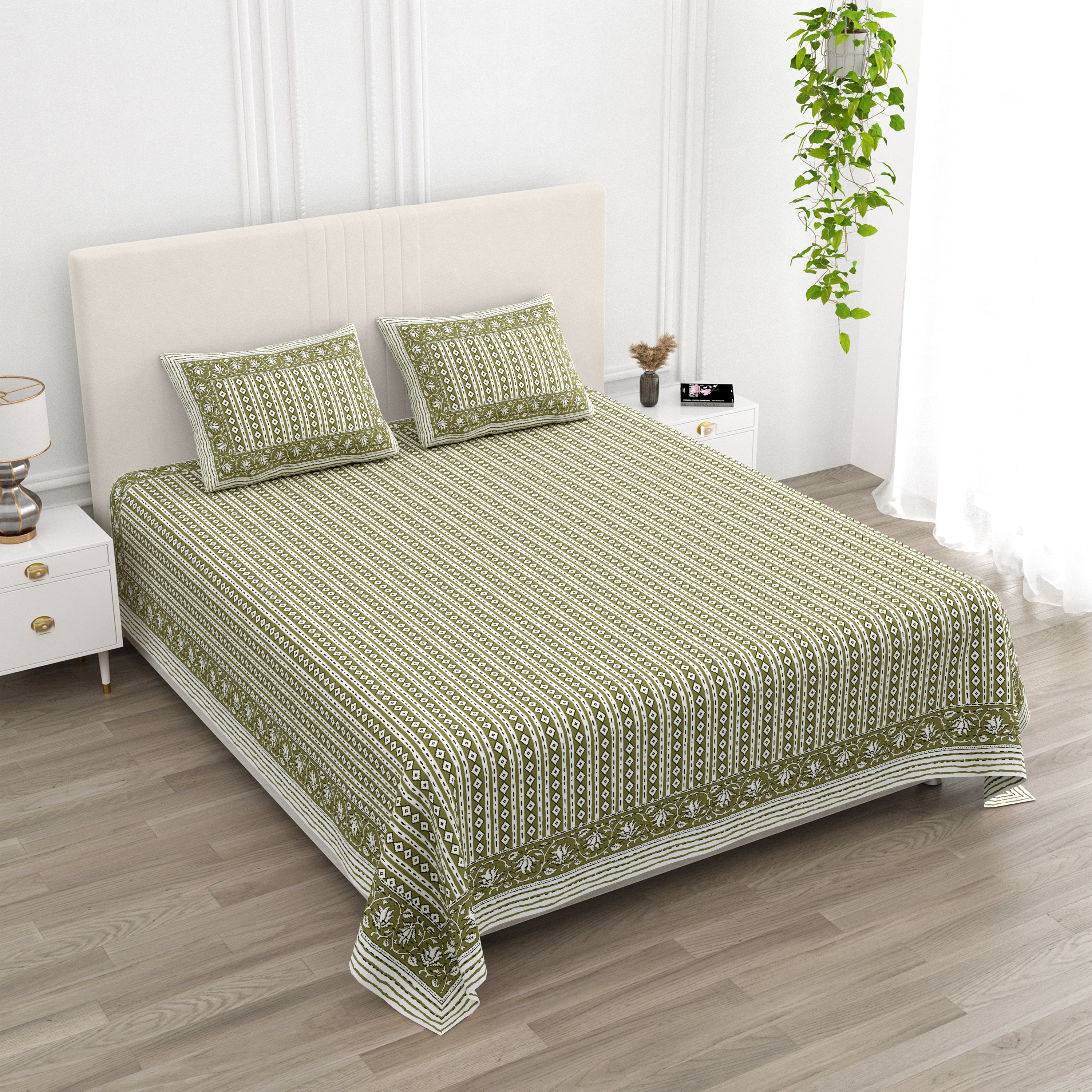 Rajasthani Blockprinted Cotton Bedsheet - Mustard Olive