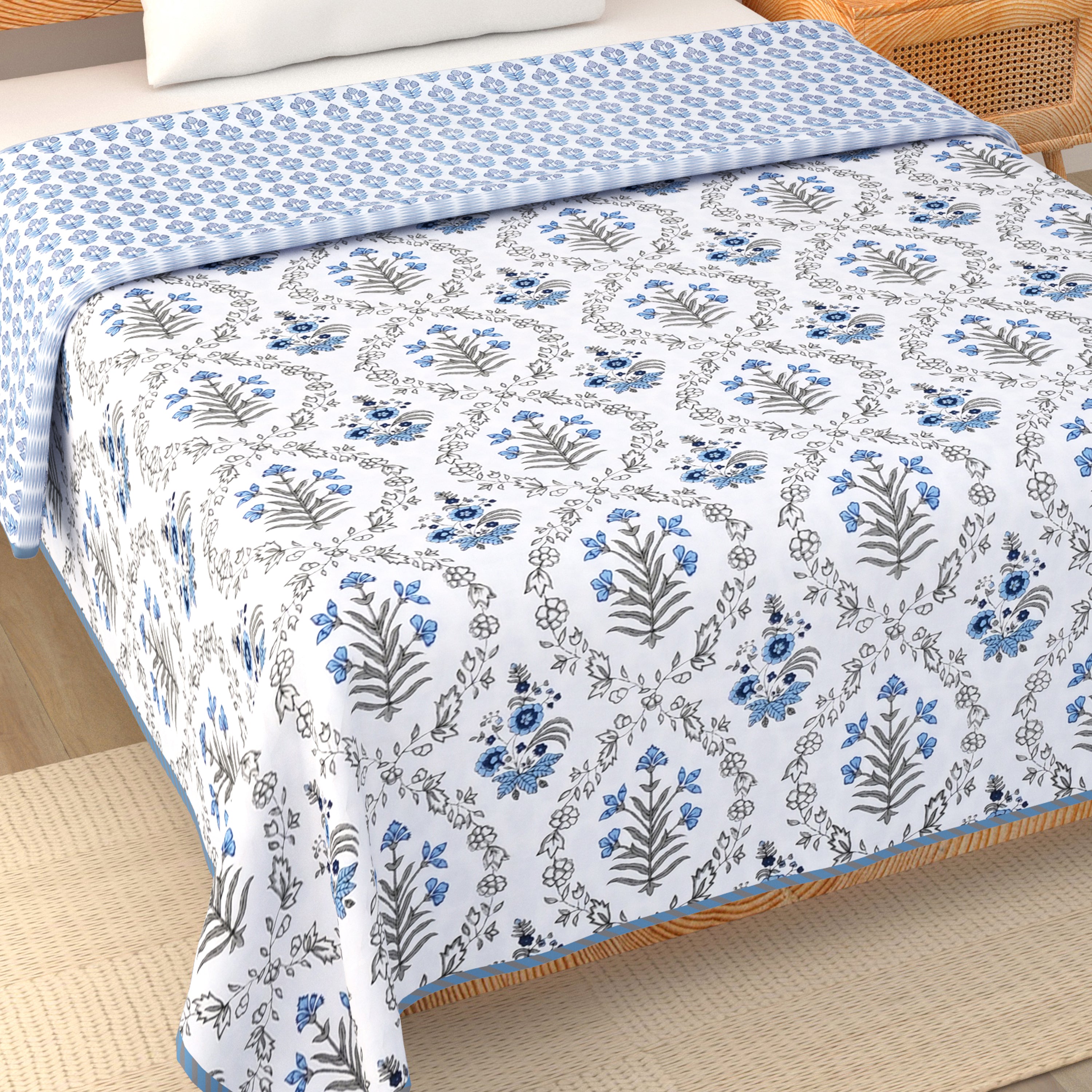 Indigo Frost Flower Cotton Dohar Printable & Reversible