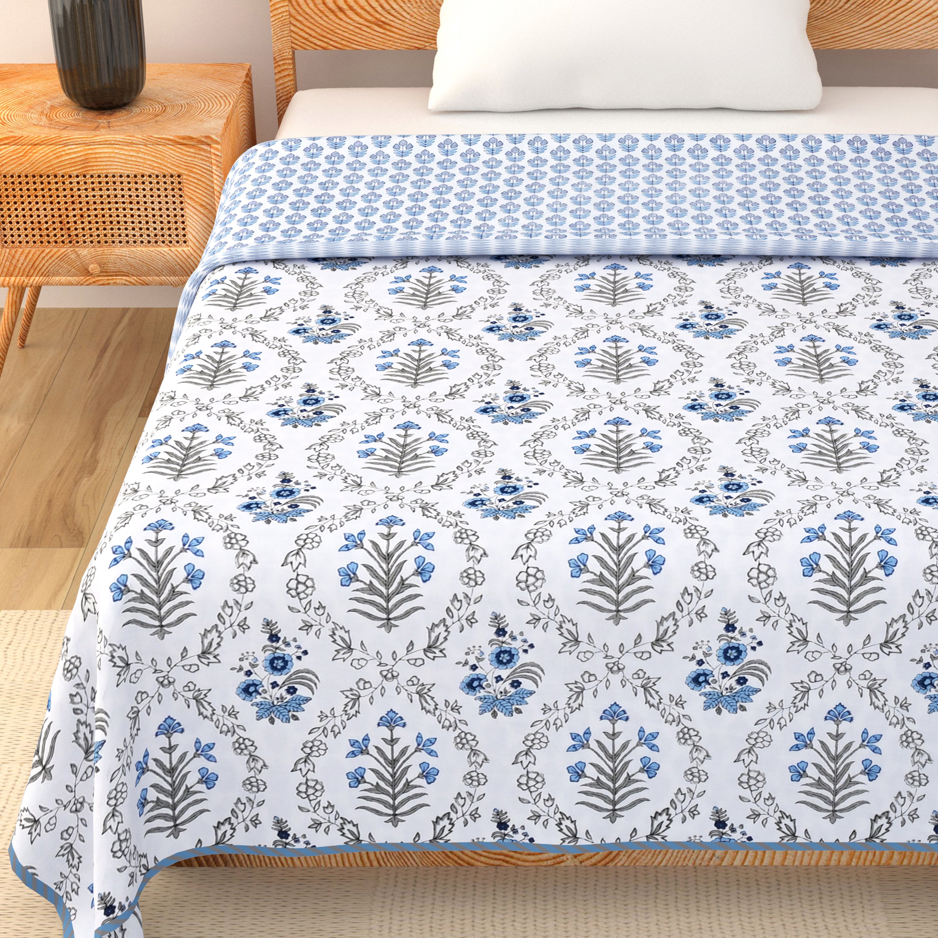 Indigo Frost Flower Cotton Dohar Printable & Reversible