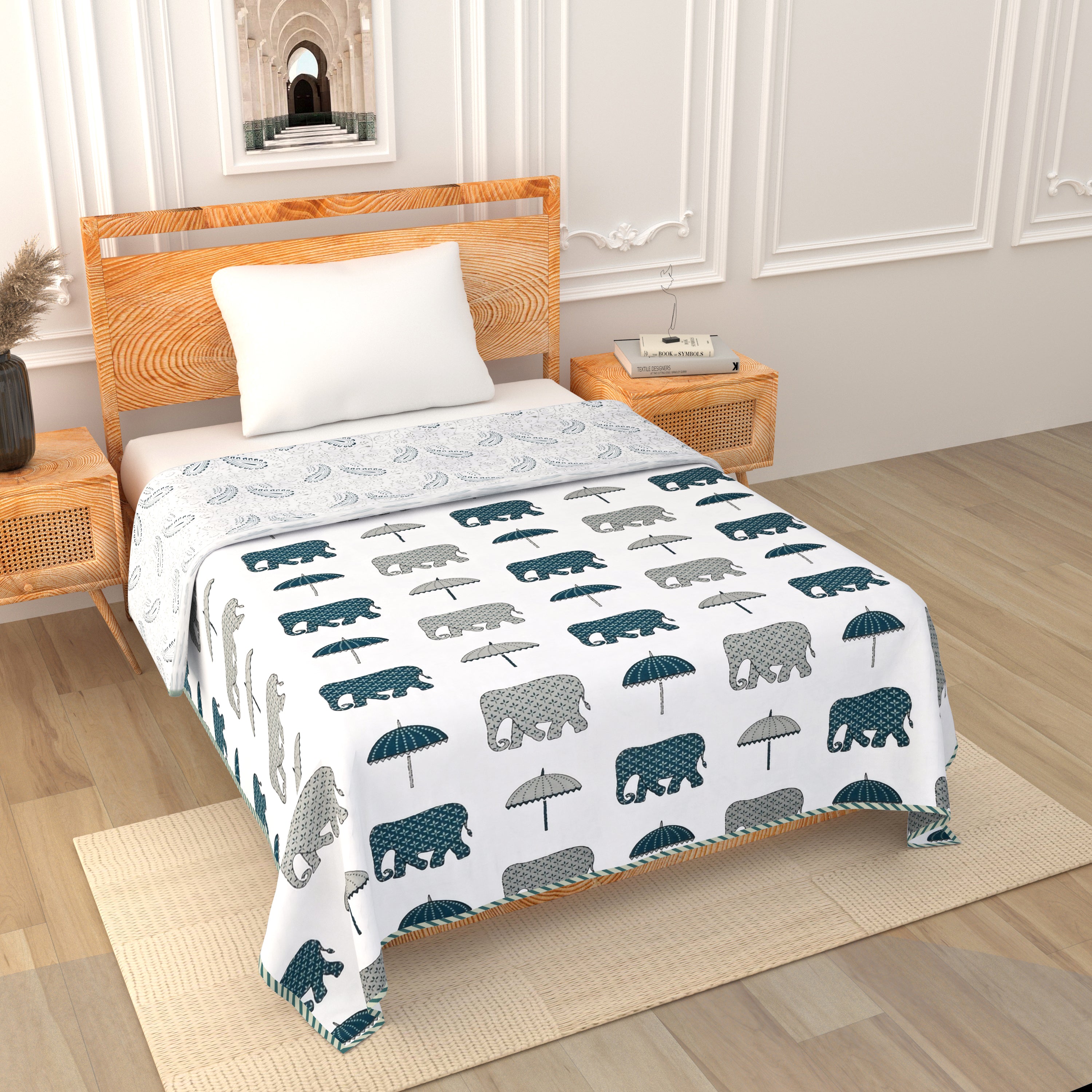 Botanical Calm Dohar Printable & Reversible - Blue Elephant