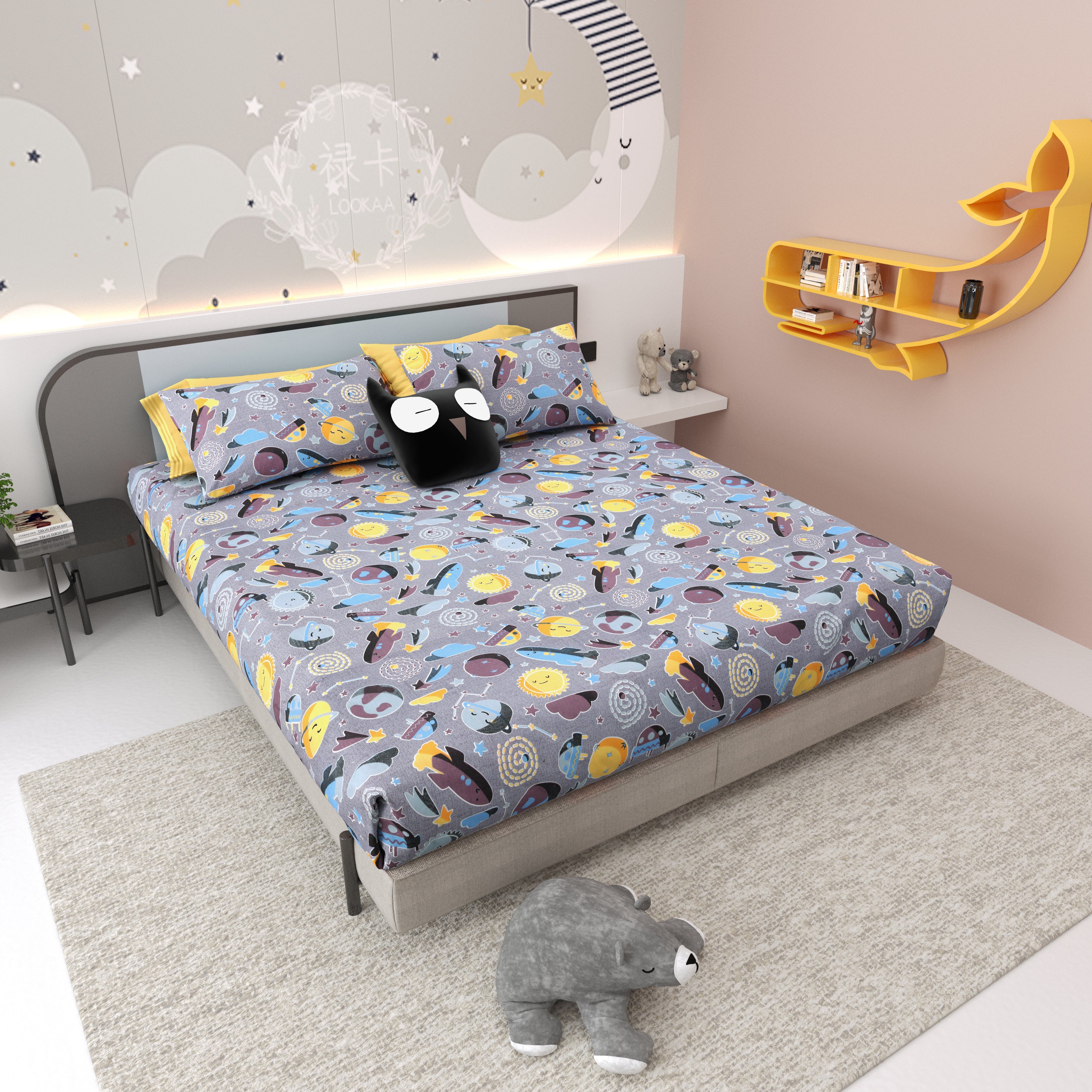 Space Explorers Pure Cotton Bedsheet- Stellar Grey