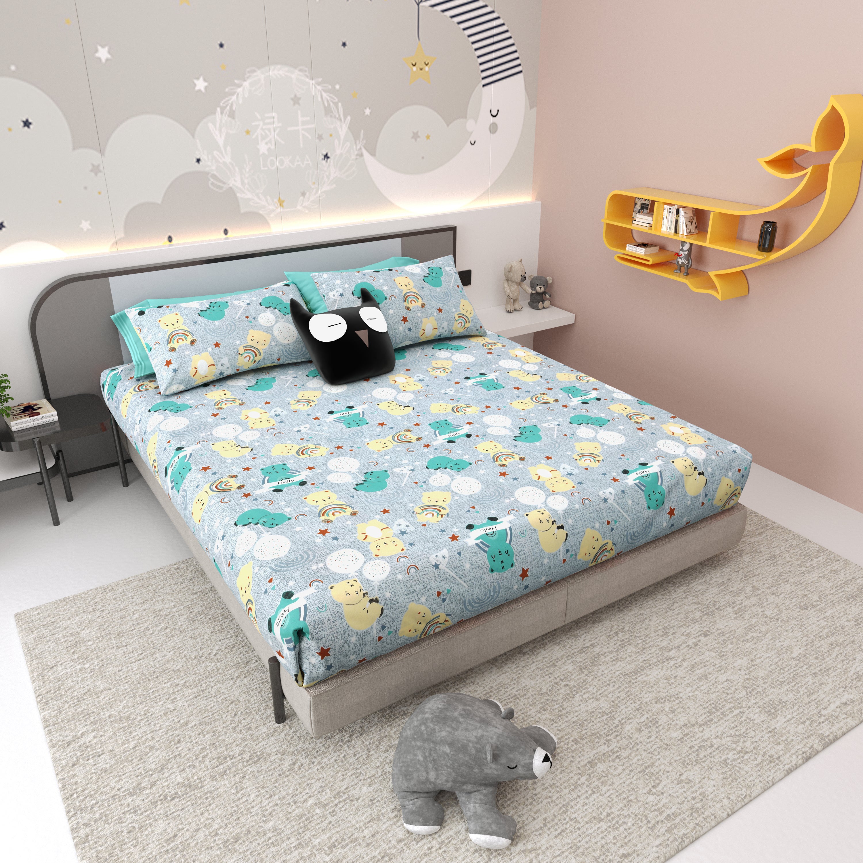 Moonlight Bear Hugs Pure Cotton Kids Bedsheet- Light Grey