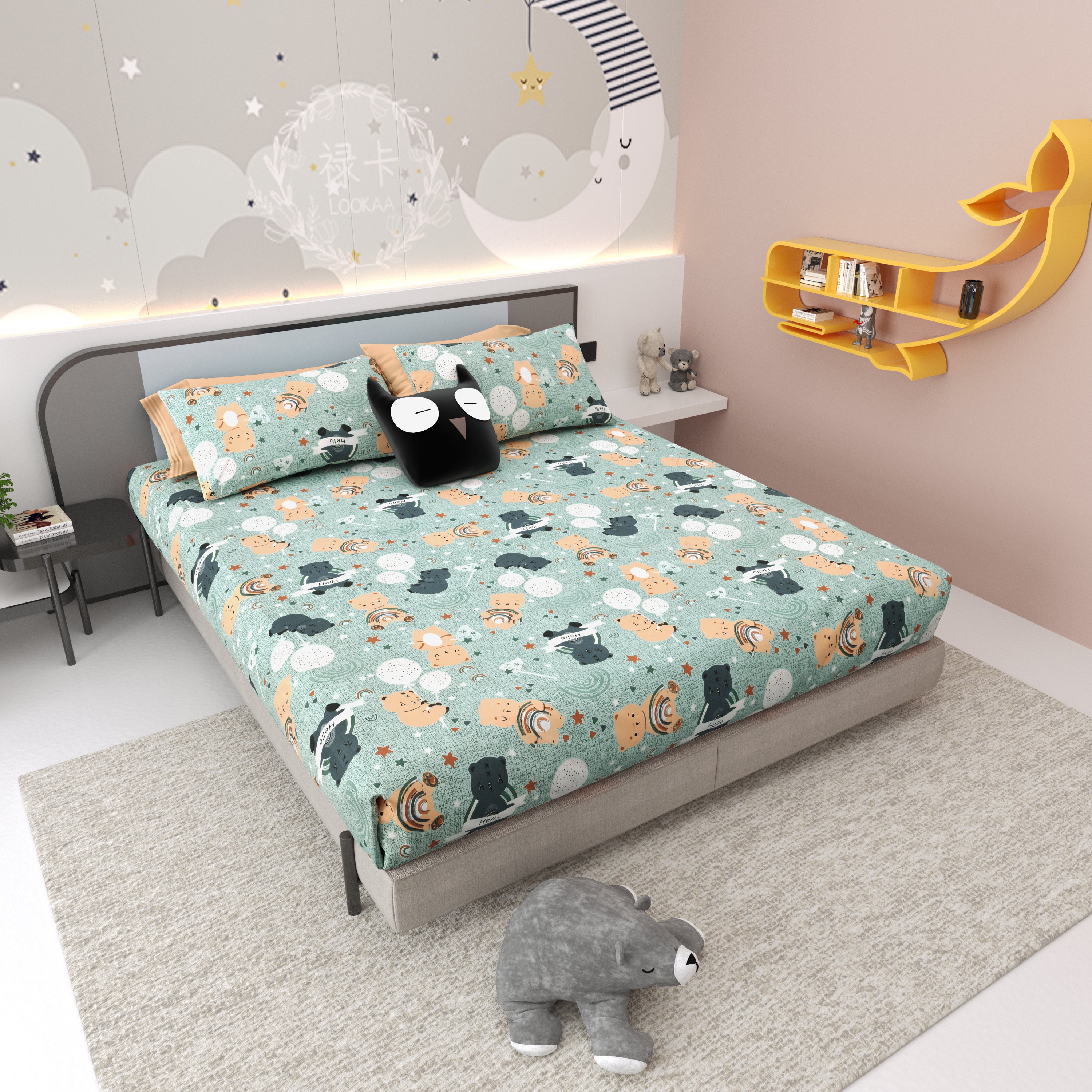 Moonlight Bear Hugs Pure Cotton Kids Bedsheet- Light Green