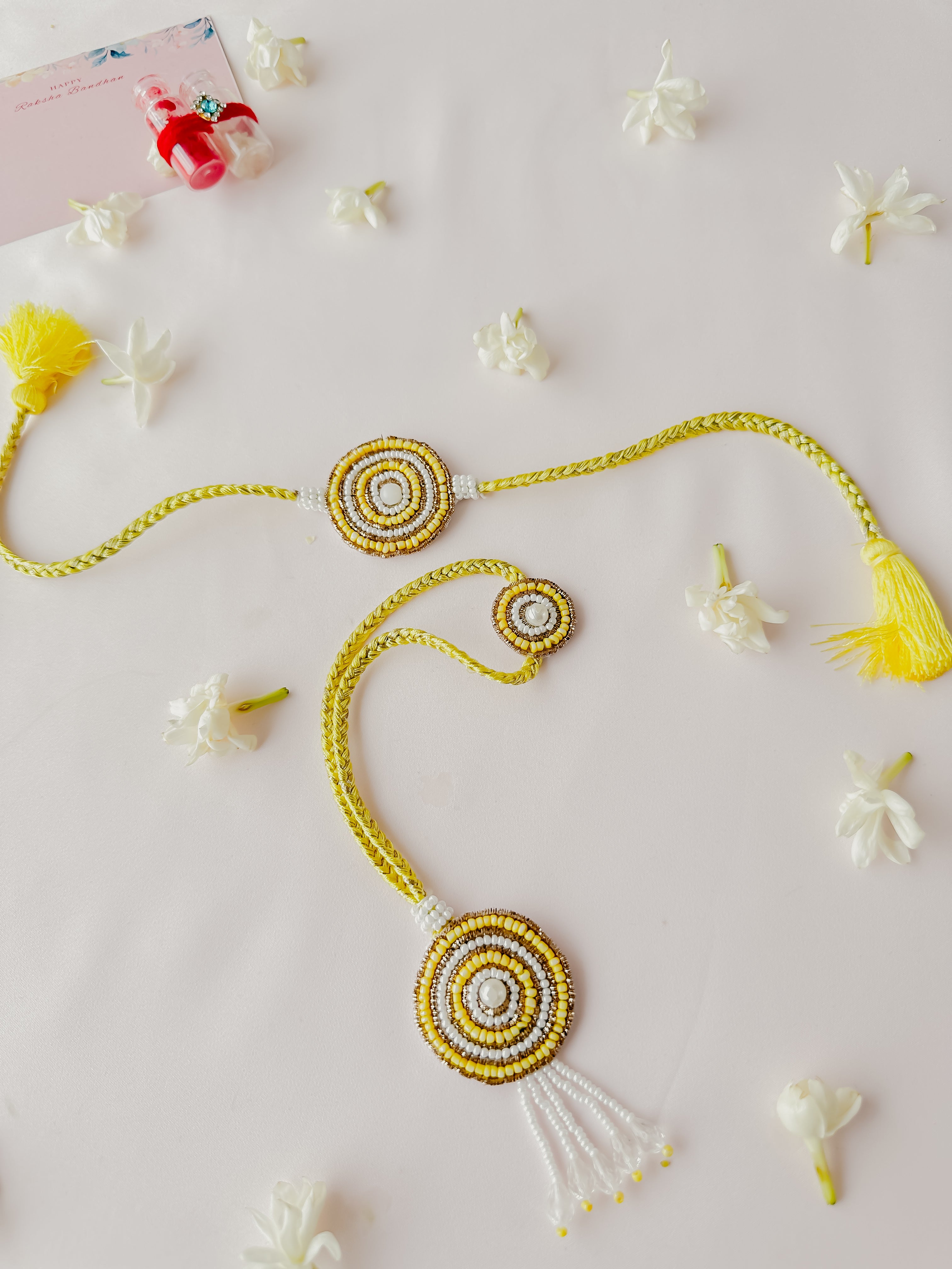 Yellow Vibrant Bloom Lumba Set Handmade Rakhi