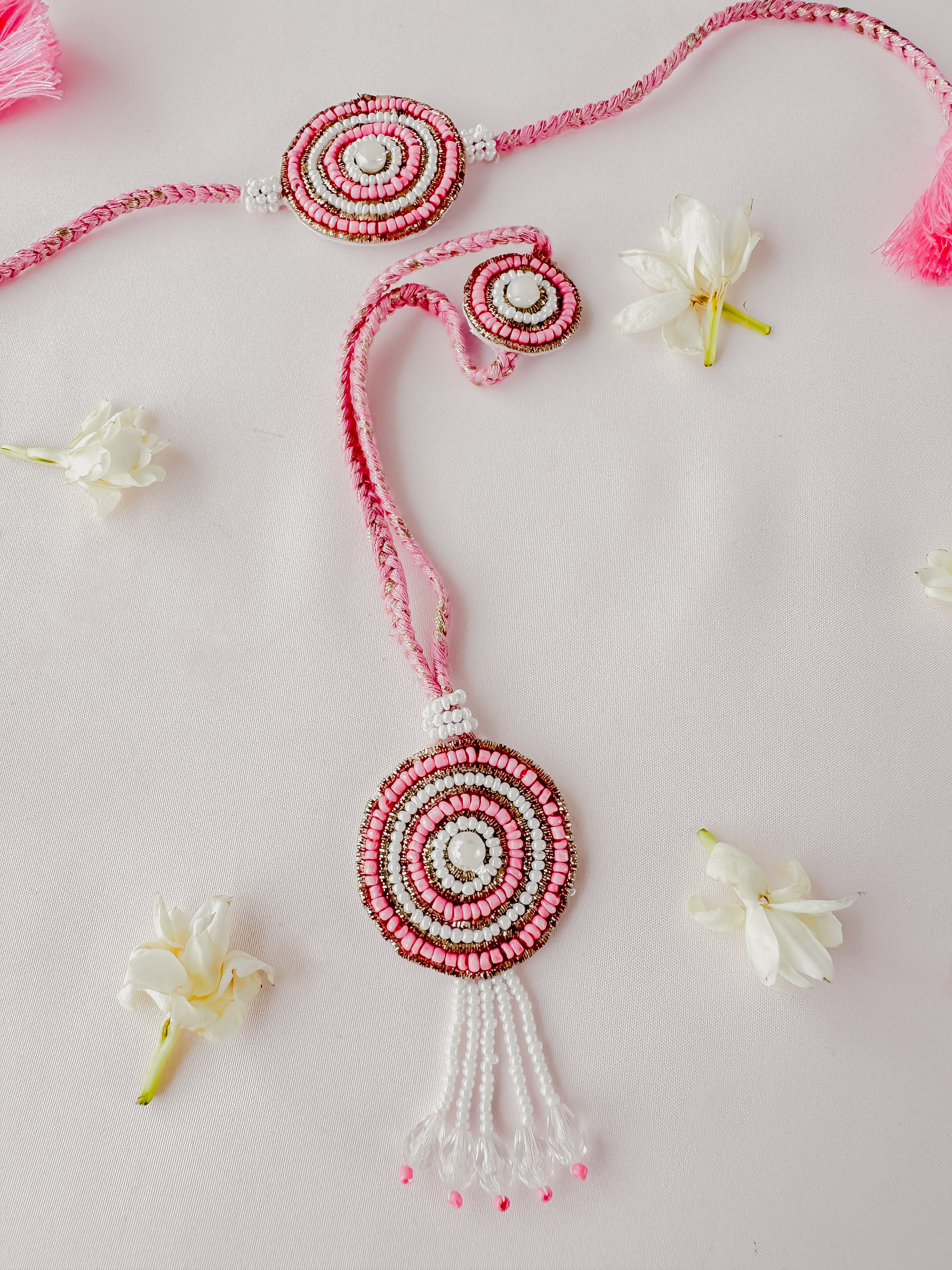 Pink Vibrant Bloom Lumba Set Handmade Rakhi