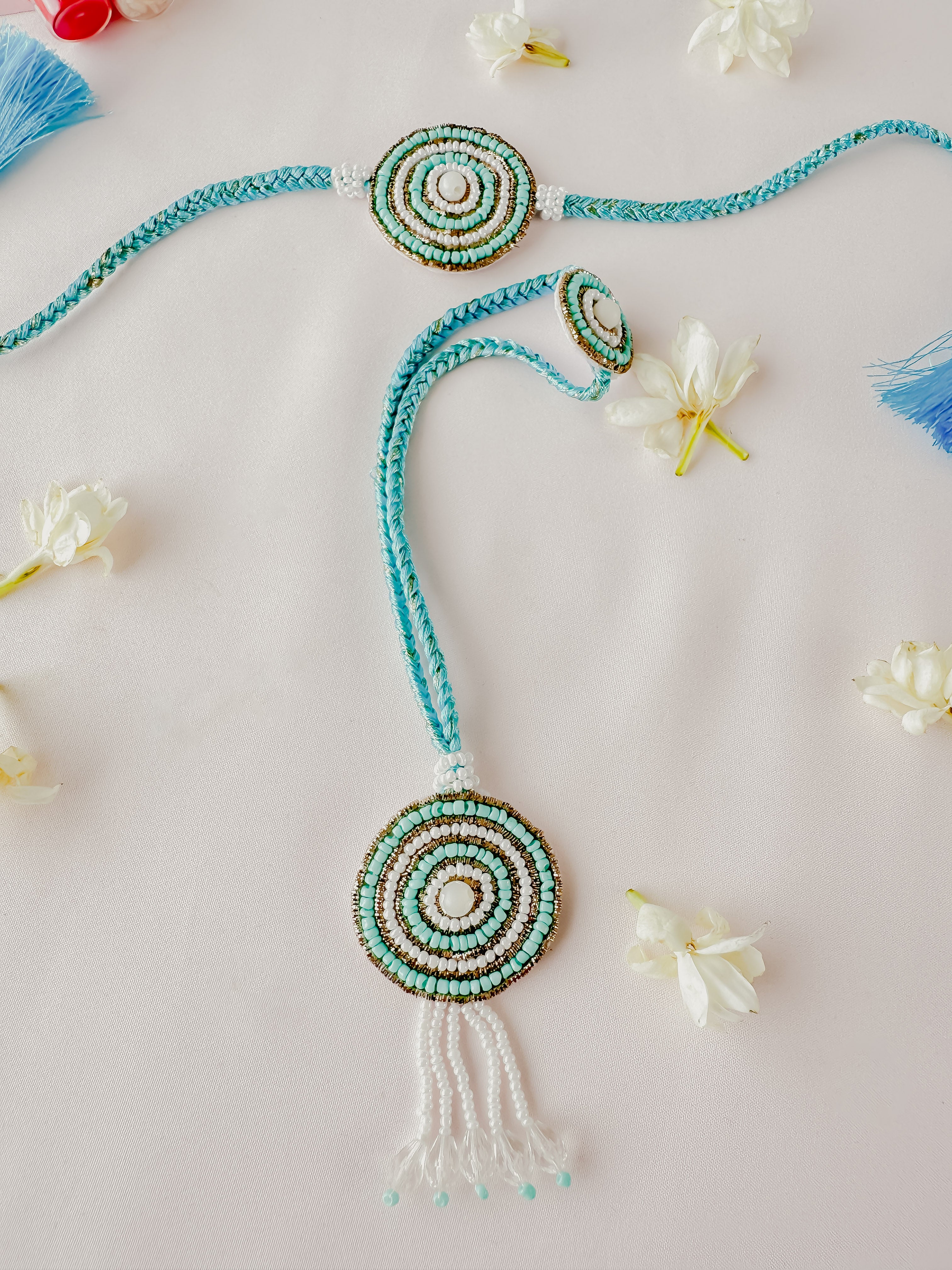 Blue Vibrant Bloom Lumba Set Handmade Rakhi