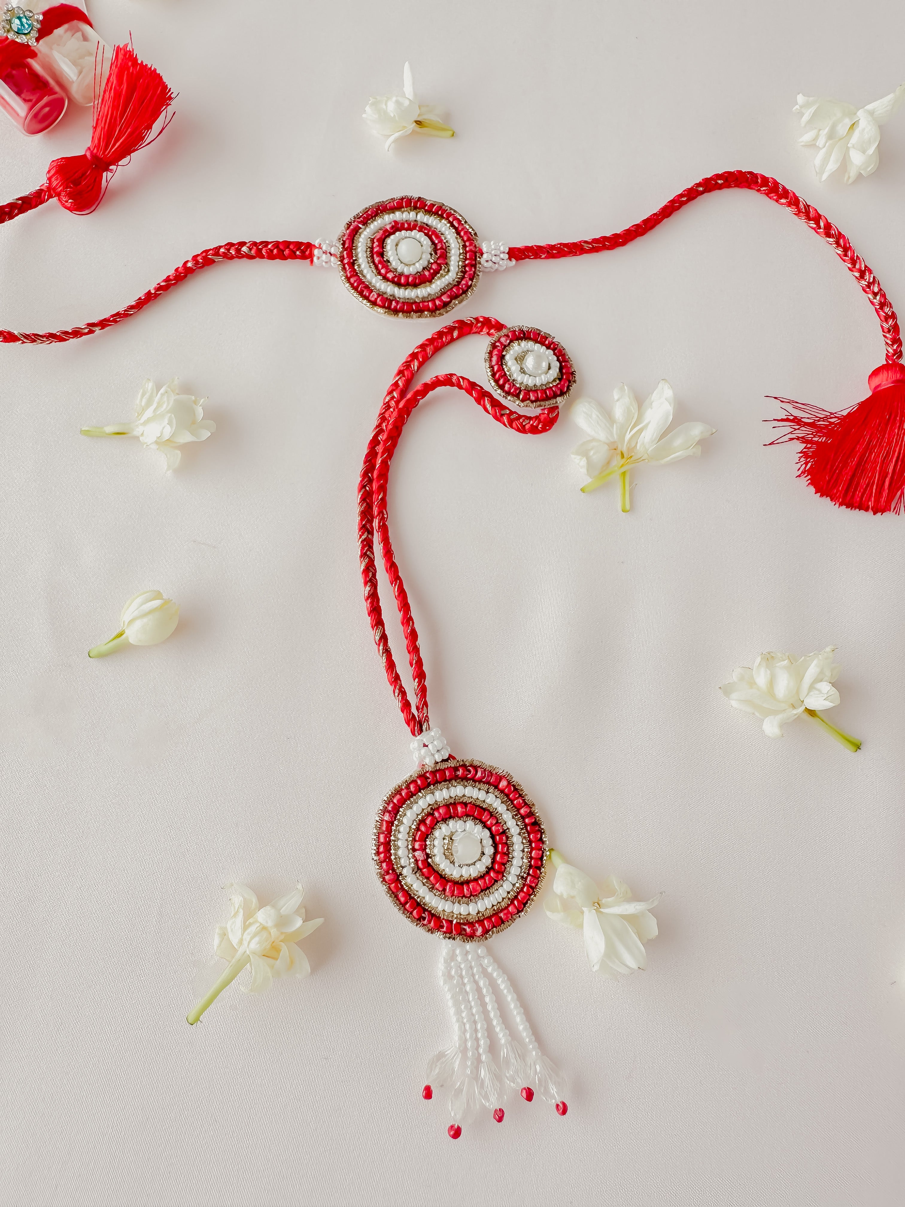Red Vibrant Bloom Lumba Set Handmade Rakhi