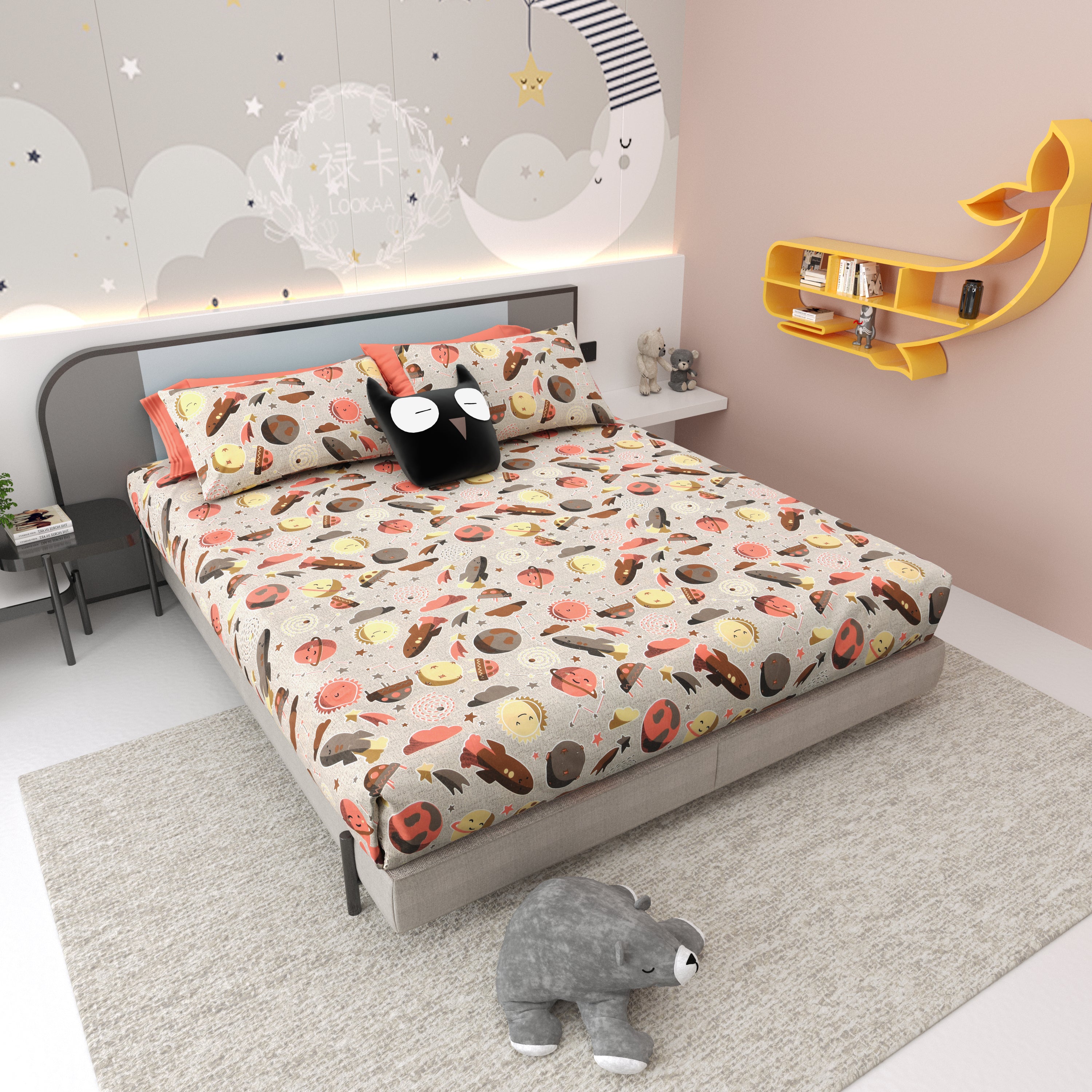 Space Explorers Pure Cotton Bedsheet- Slate Grey
