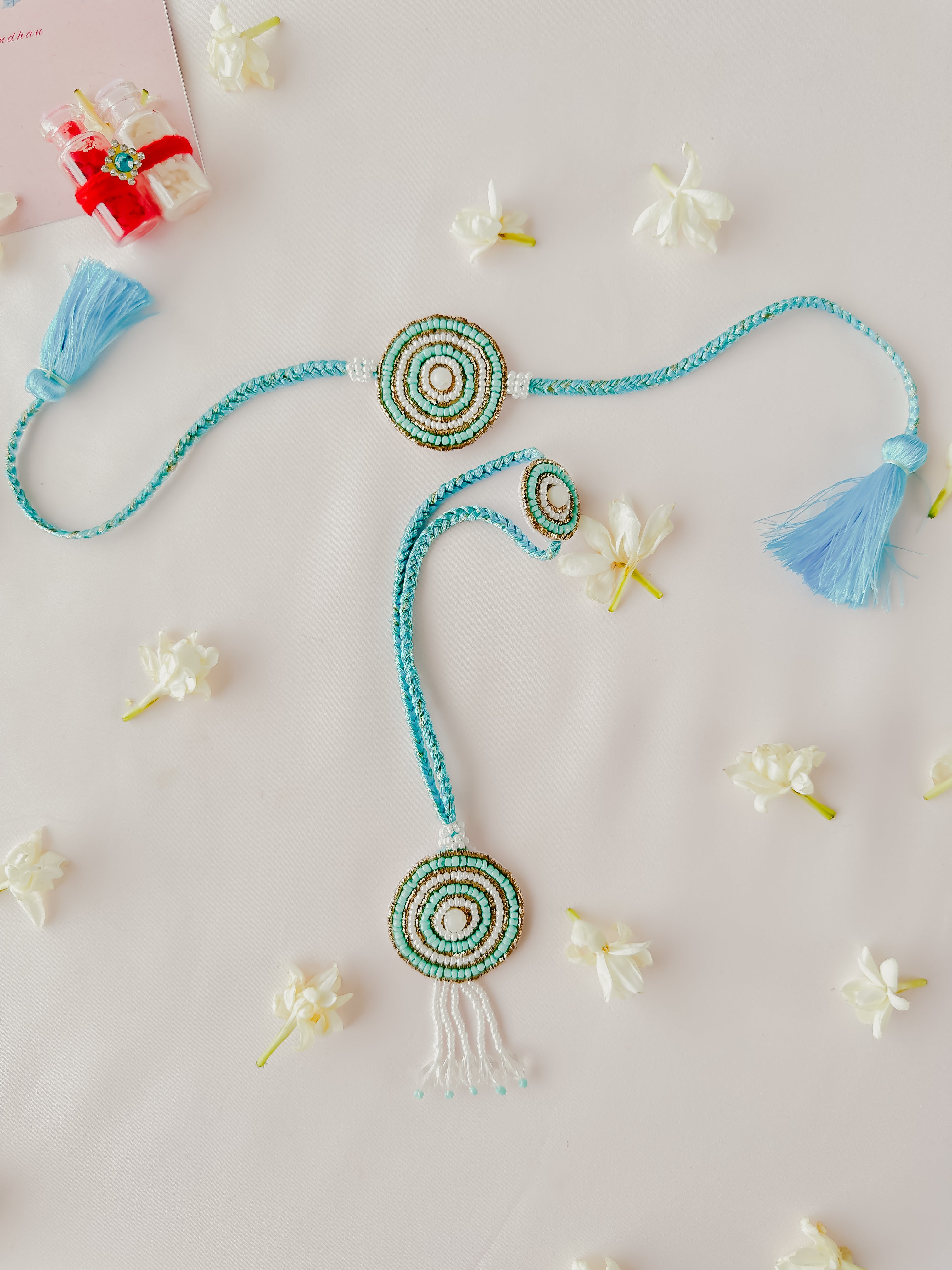 Blue Vibrant Bloom Lumba Set Handmade Rakhi